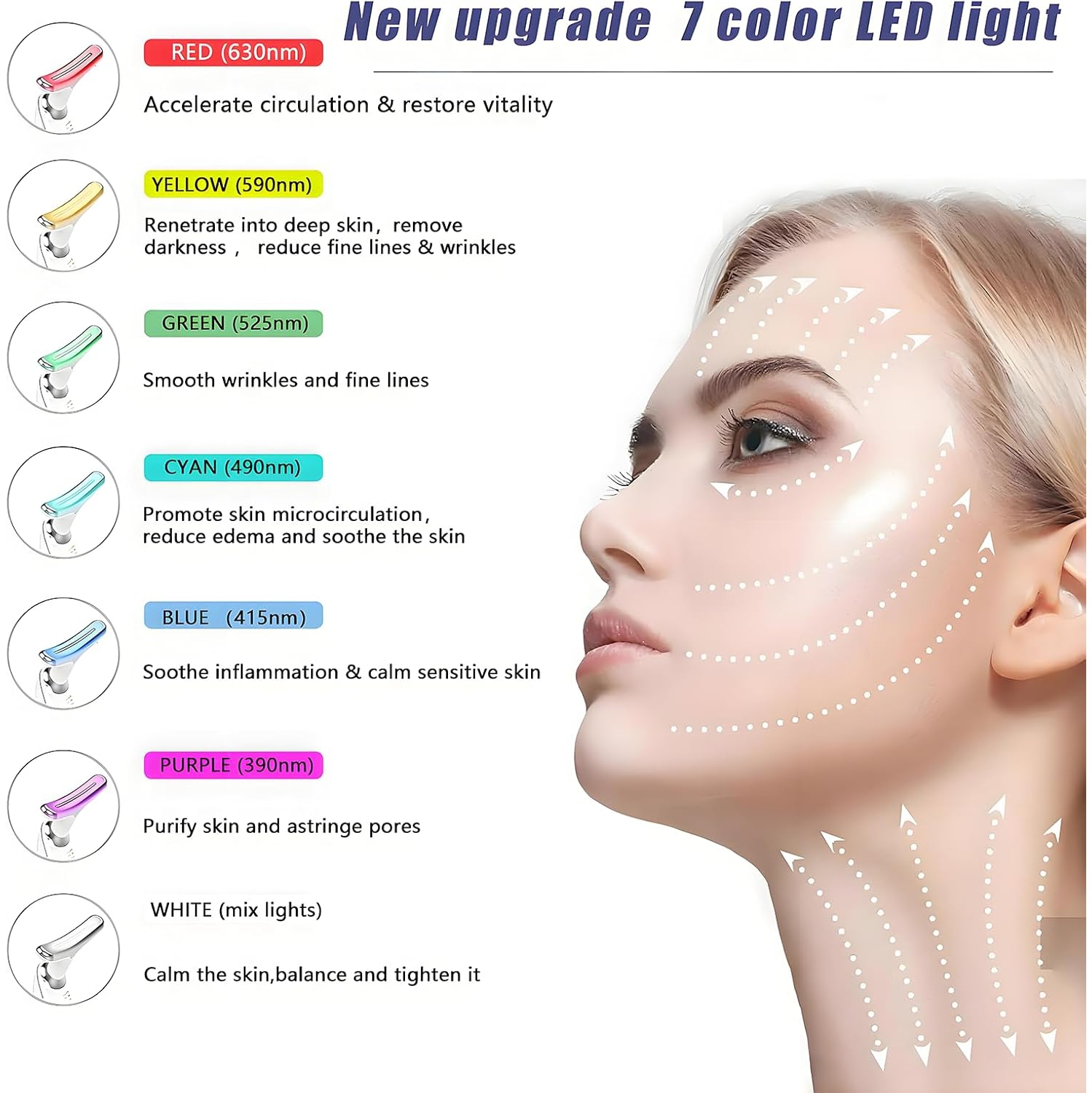 Appareil de beauté pour le visage à DEL à 7 couleurs,Outil de massage pour le visage et le cou,Appareil de massage anti-rides anti-lumière