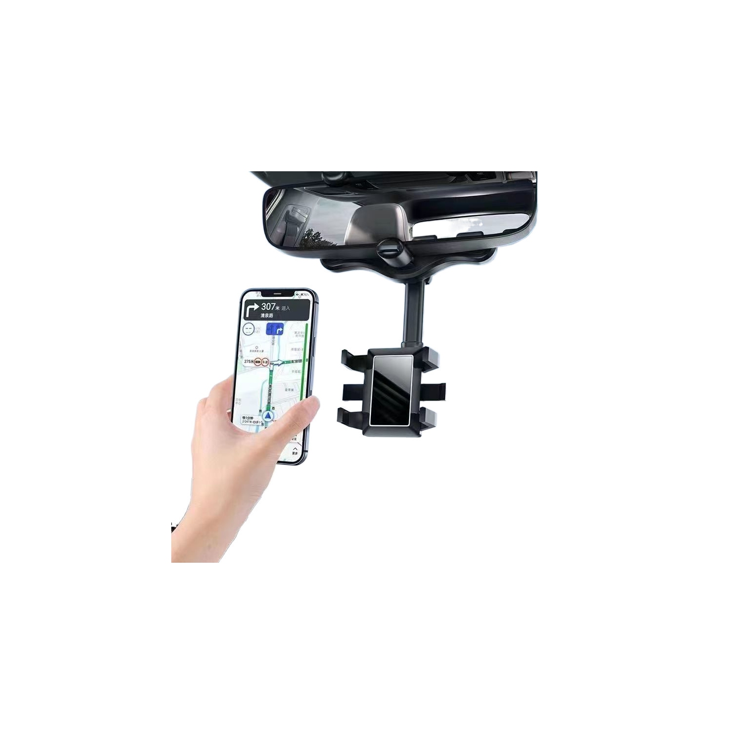Support de rétroviseur de voiture, support de téléphone de voiture pivotant et rétractable à 360°, adapté pour iPhone et tous les smartphones