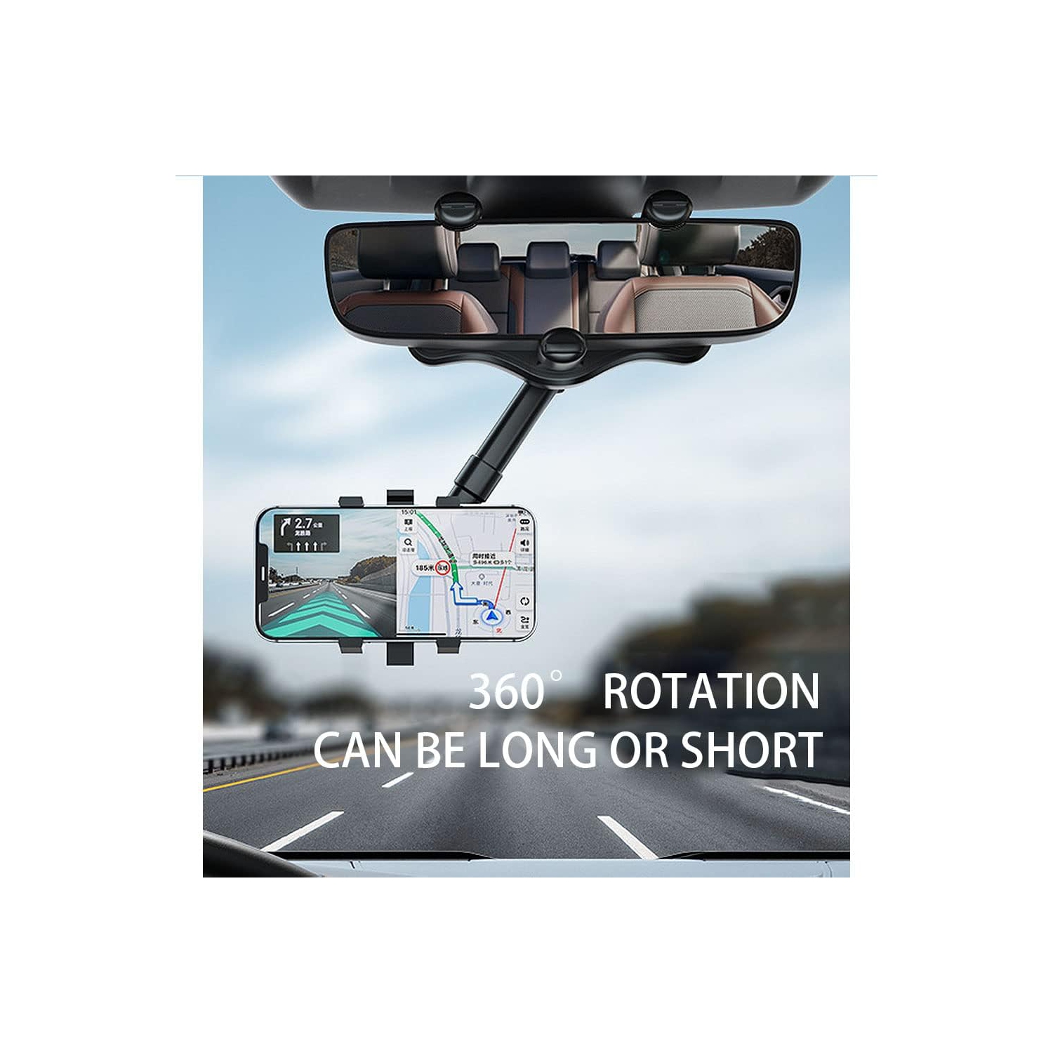 Support de rétroviseur de voiture, support de téléphone de voiture pivotant et rétractable à 360°, adapté pour iPhone et tous les smartphones