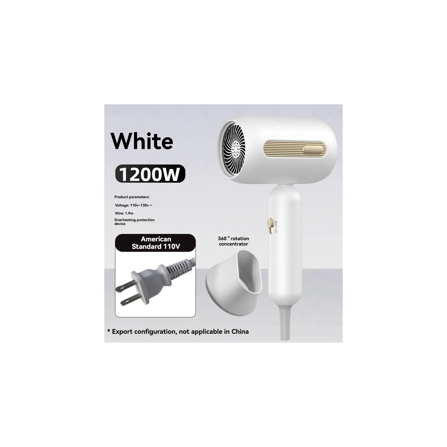 Sèche-cheveux portatif, ion négatif, séchage rapide 1200&nbsp;W, léger et compact, protection contre la surchauffe double, 3 modes&nbsp;: blanc, avec