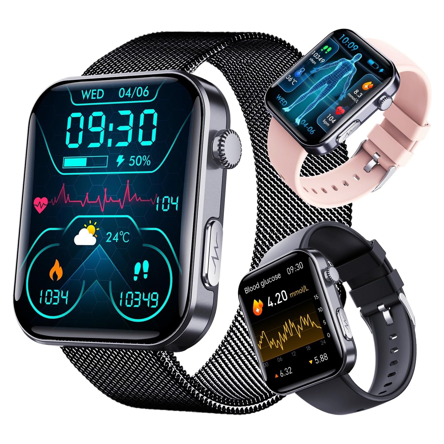 Montre intelligente de 2,1&nbsp;po avec ECG/suivi de l'oxygène sanguin/de la pression, 52 modes de sport, longue autonomie, étanche IP67 - compatible