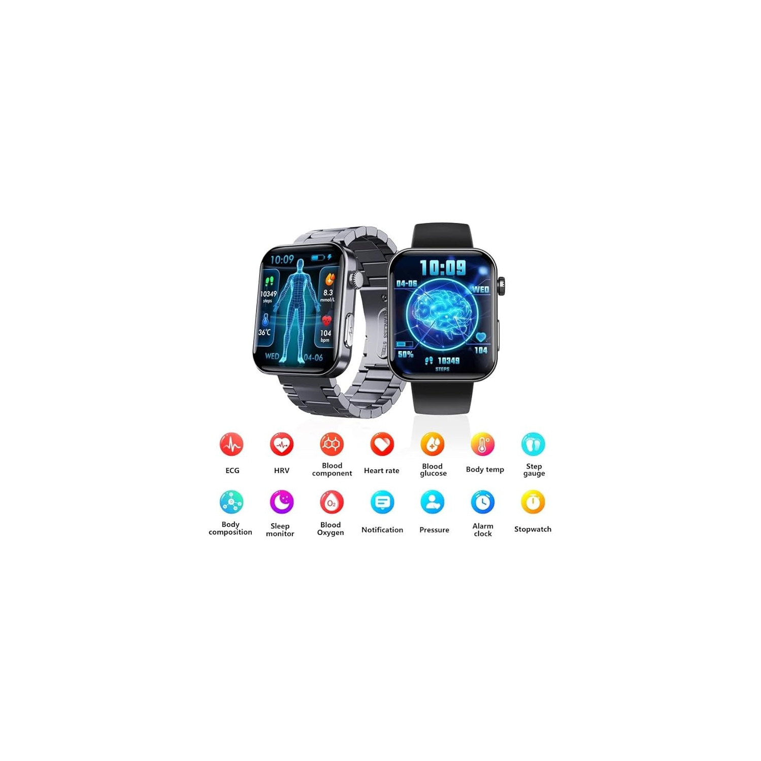 Montre intelligente de 2,1&nbsp;po avec ECG/suivi de l'oxygène sanguin/de la pression, 52 modes de sport, longue autonomie, étanche IP67 - compatible