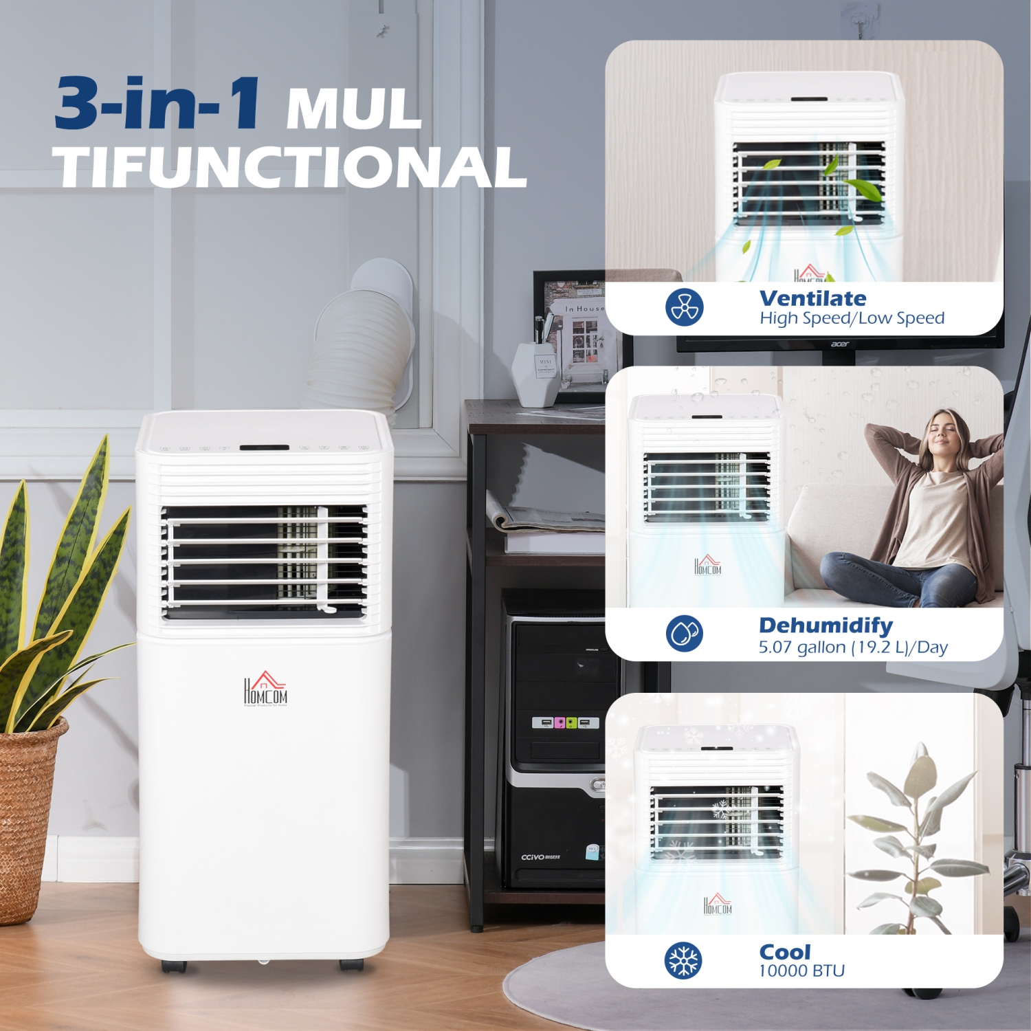 HOMCOM Portable Air Conditioner, 10,000 BTU Portable AC Unit with Dehumidifier & Fan, Sleep Modes, 24H Timer, Remote Control, Rooms up to 441 Sq. ft