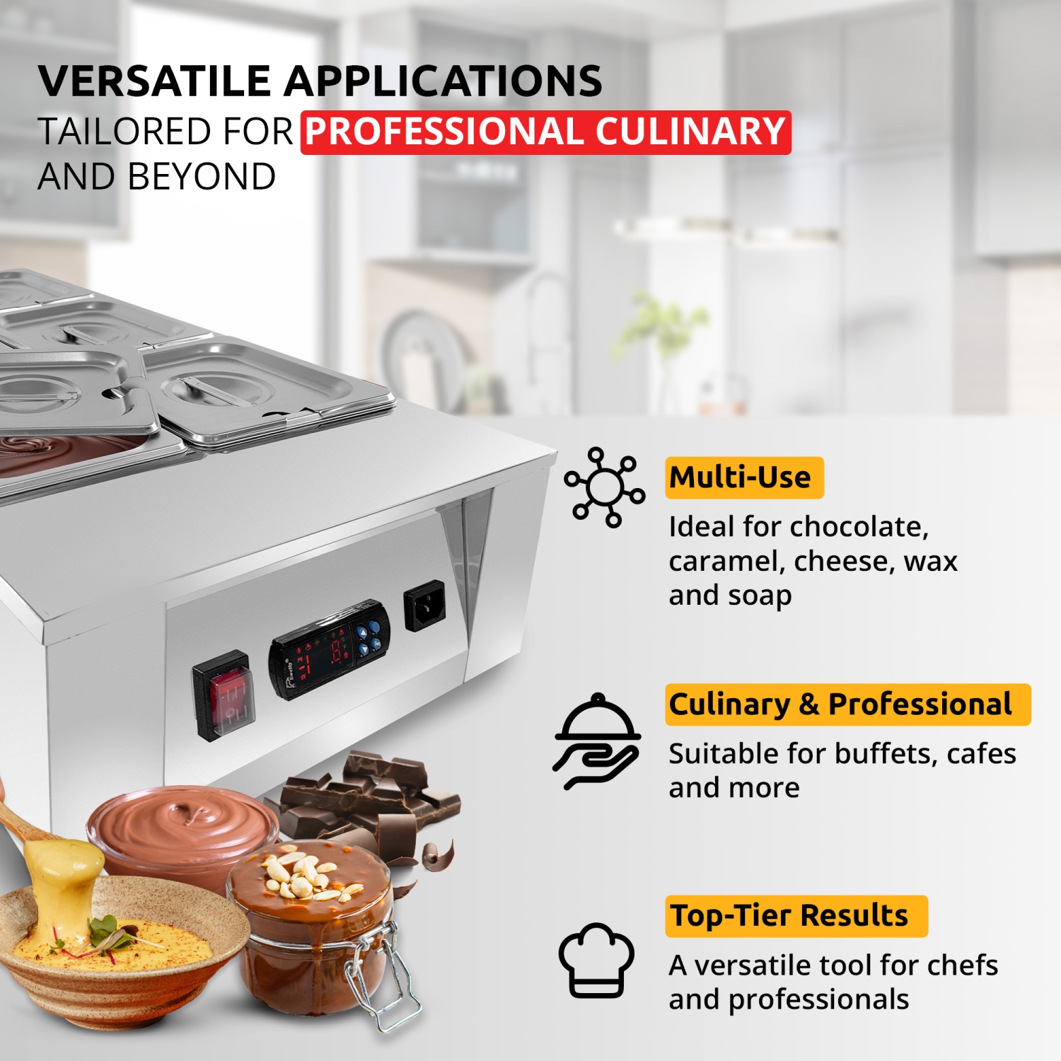 AP-333 Fusible à chocolat | Chauffe-chocolat électrique NUMÉRIQUE | Fondue commerciale en acier inoxydable | 8 casseroles 28,6&nbsp;lb | 110&nbsp;V