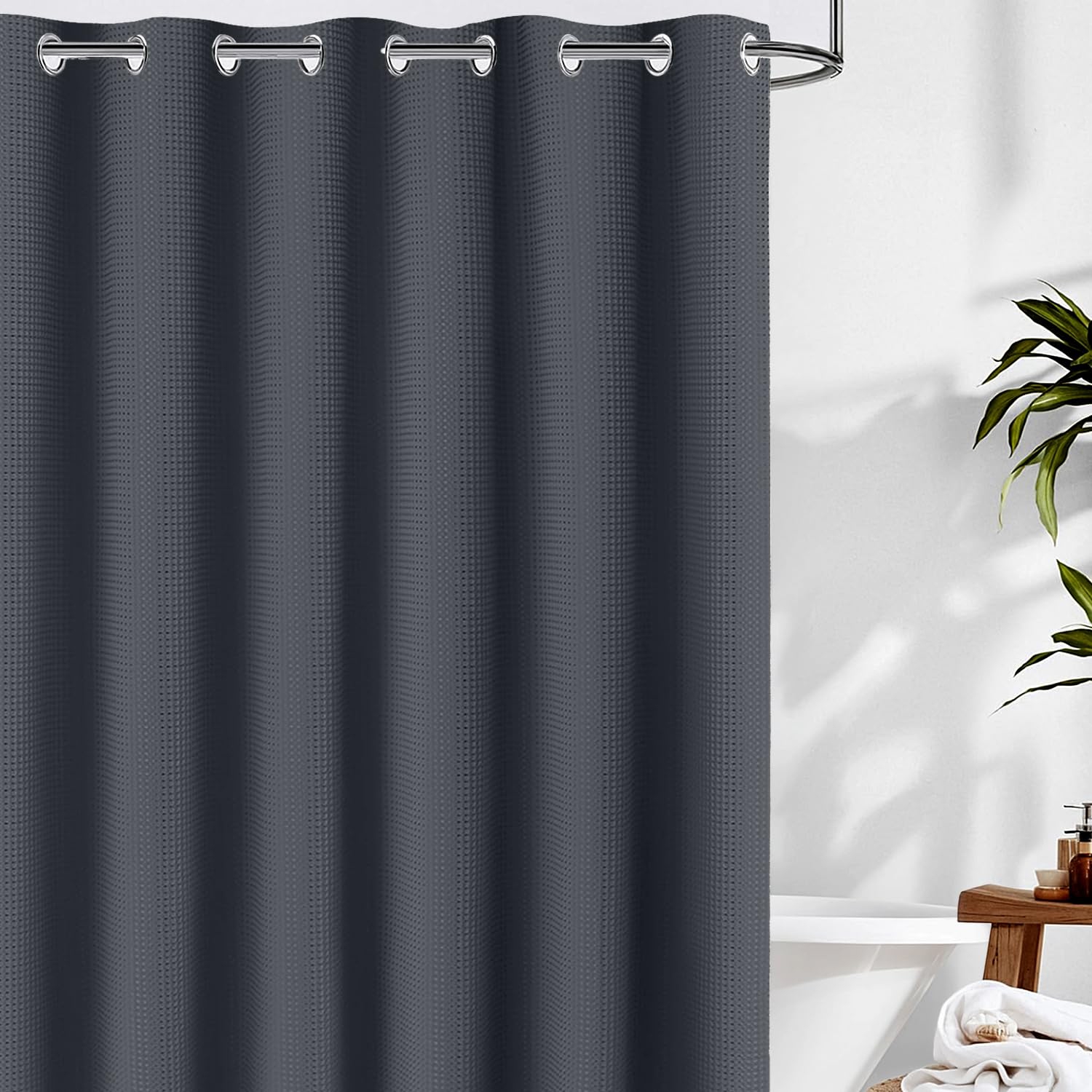 Canadian Linen Hookless Shower Curtains, 72"x72", Mildew Water Resistant Washable Polyester Bathtub Shower Curtains for Bathroom, Grey Waffle Design