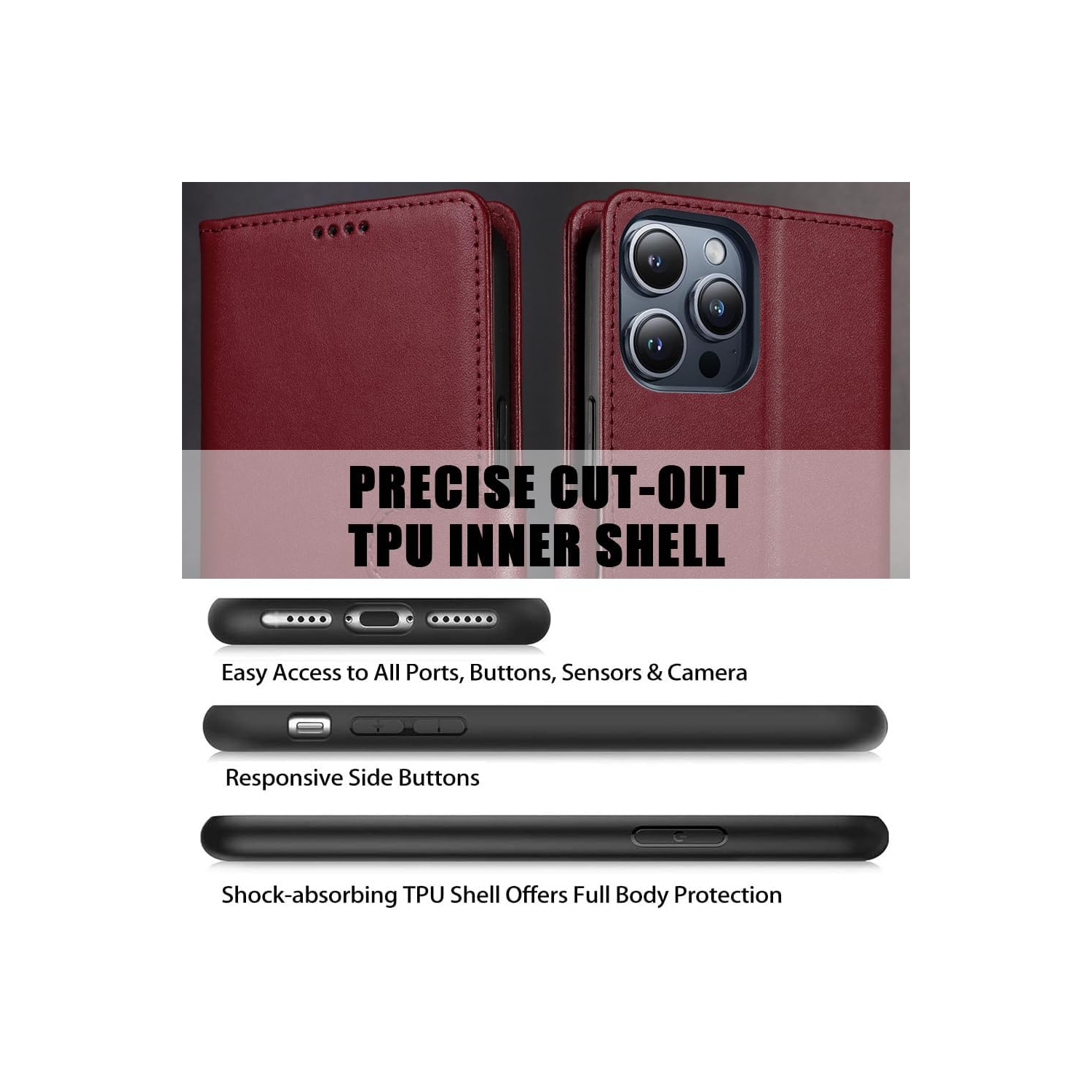 Wallet Case for iPhone 15 Pro Max, Premium PU Leather Flip Folio Case with Card Slot,Stand Holder and Magnetic Closure TPU Shockproof Interior