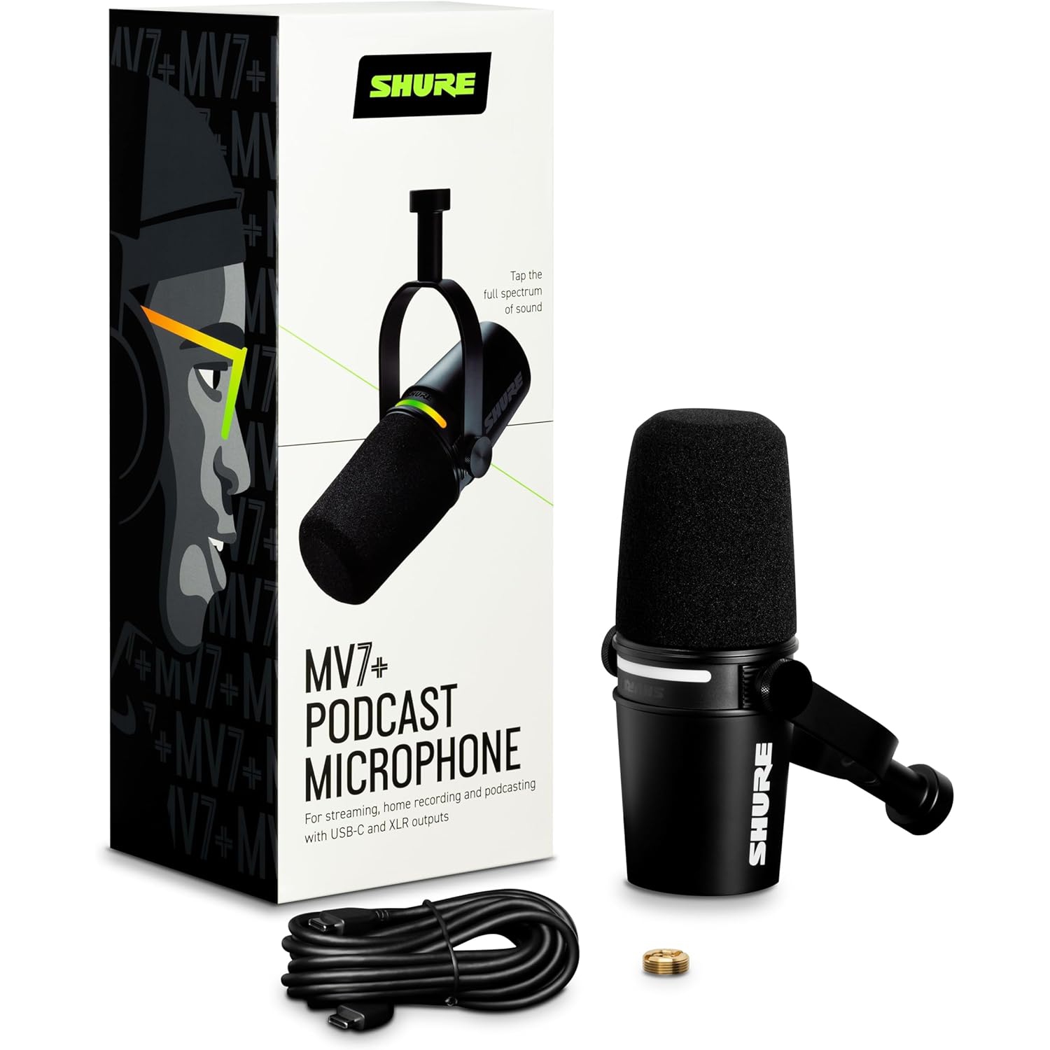 Open box Shure MV7+ Podcast Dynamic Microphone USB-C & XLR Outputs, Auto Level Mode, Digital Pop Filter, Reverb Effects, Podcasting, Streaming,