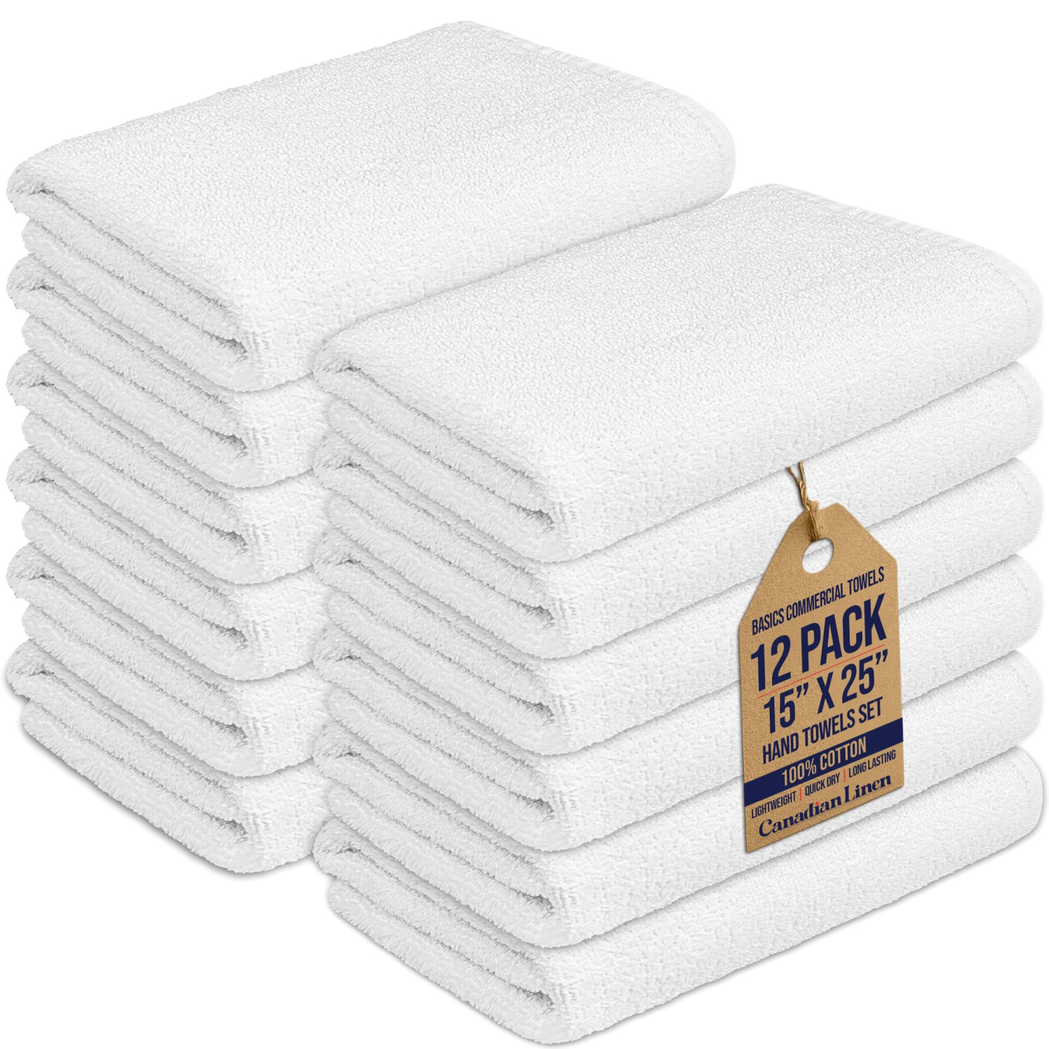 Canadian Linen Basic – Ensemble d'essuie-mains, 15 x 25&nbsp;po, 12 chiffons de nettoyage en coton doux et doux, séchage rapide et léger pour motel,