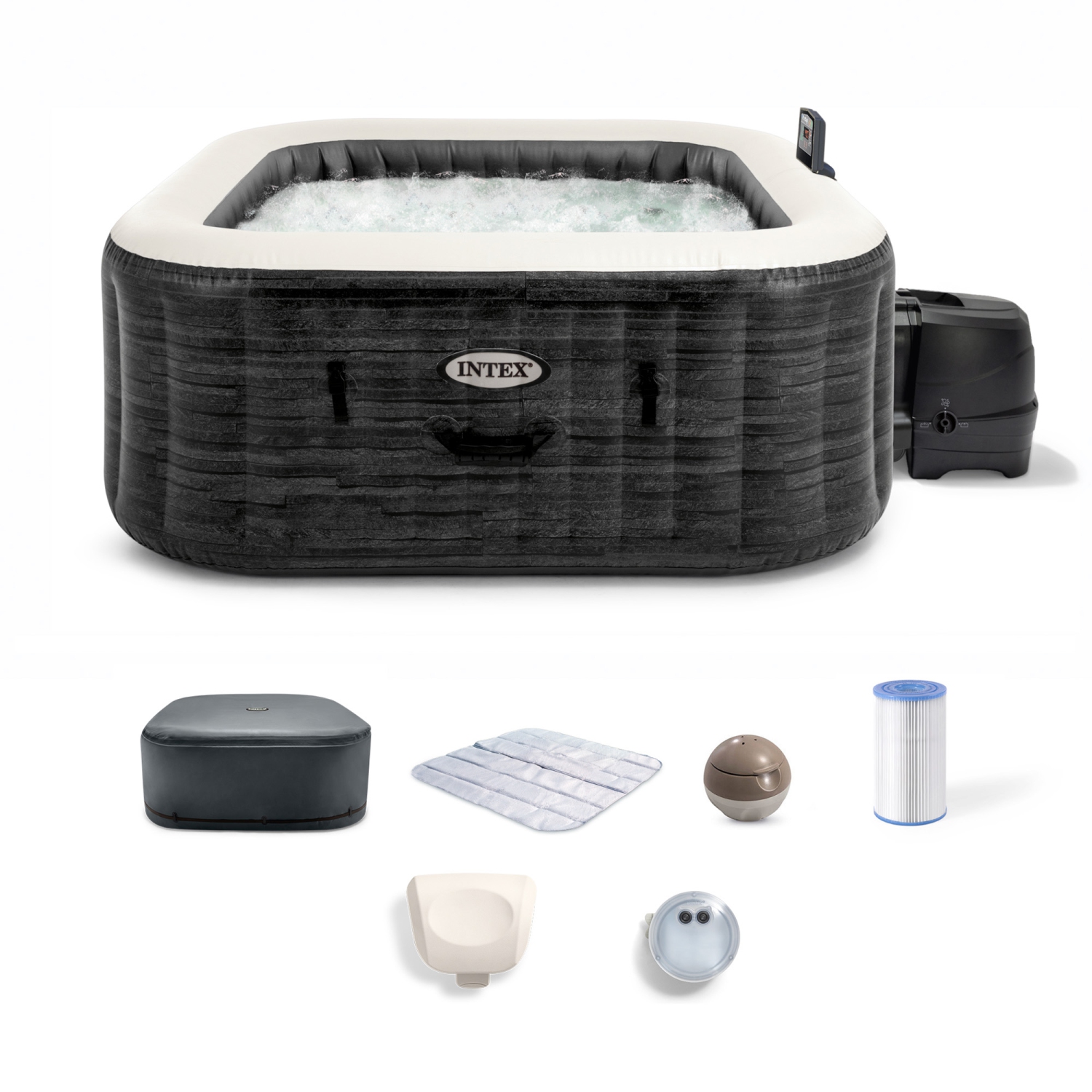 Intex – Ensemble de spa de luxe PureSpa Greystone, 170 jets à bulles avec couvercle, 77 x 28&nbsp;po