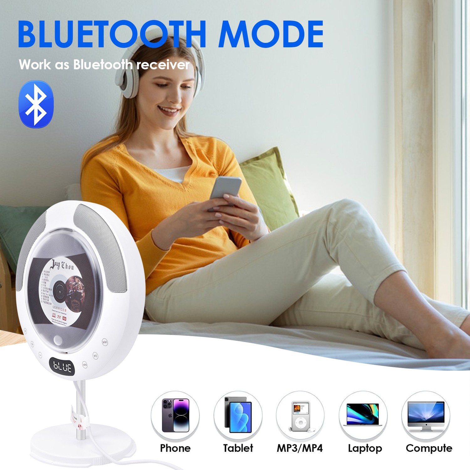 CD Player Portable, Rechargeable CD Player with Built-in Speakers,Bluetooth &FM Radio,Wall CD Player for Home, Car and Outdoors with Remote Control