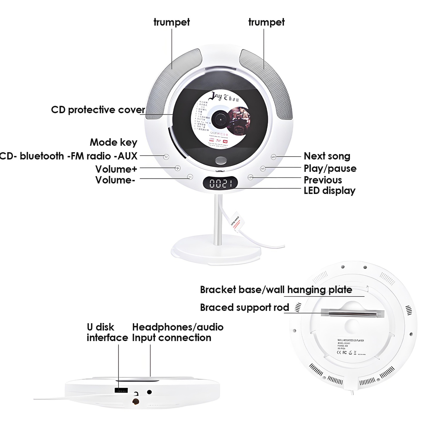 CD Player Portable, Rechargeable CD Player with Built-in Speakers,Bluetooth &FM Radio,Wall CD Player for Home, Car and Outdoors with Remote Control