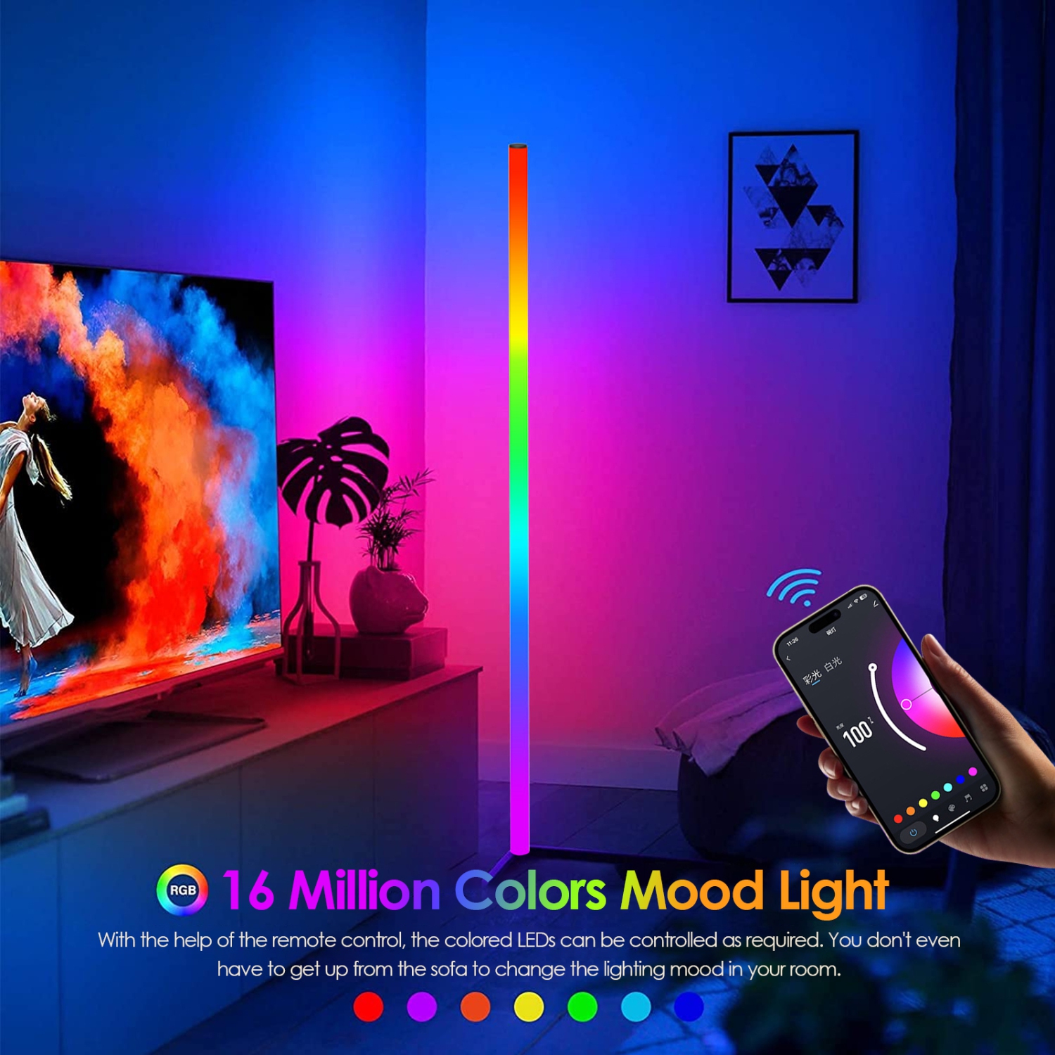 Lampe de plancher d'angle RVB Commande d'APPLICATION Wi-Fi intelligente Éclairage ambiant Décoration de la salle de jeu intérieure（Hauteur