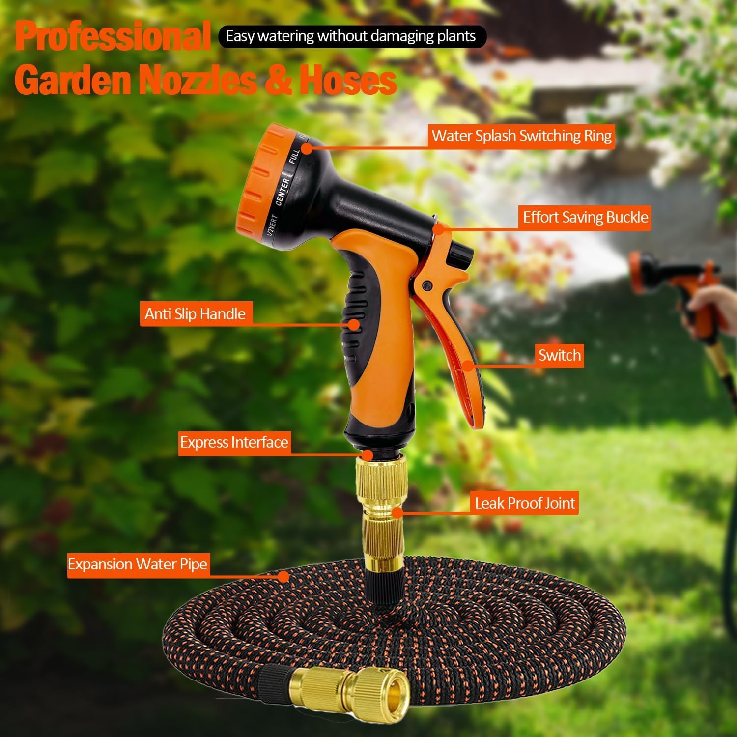 50FT Expandable Garden Hose, Flexible Expandable Garden Hose with 10 Functions Spray Nozzle, with 3/4" 1/2" Connectors, Durable Latex Water Pipe