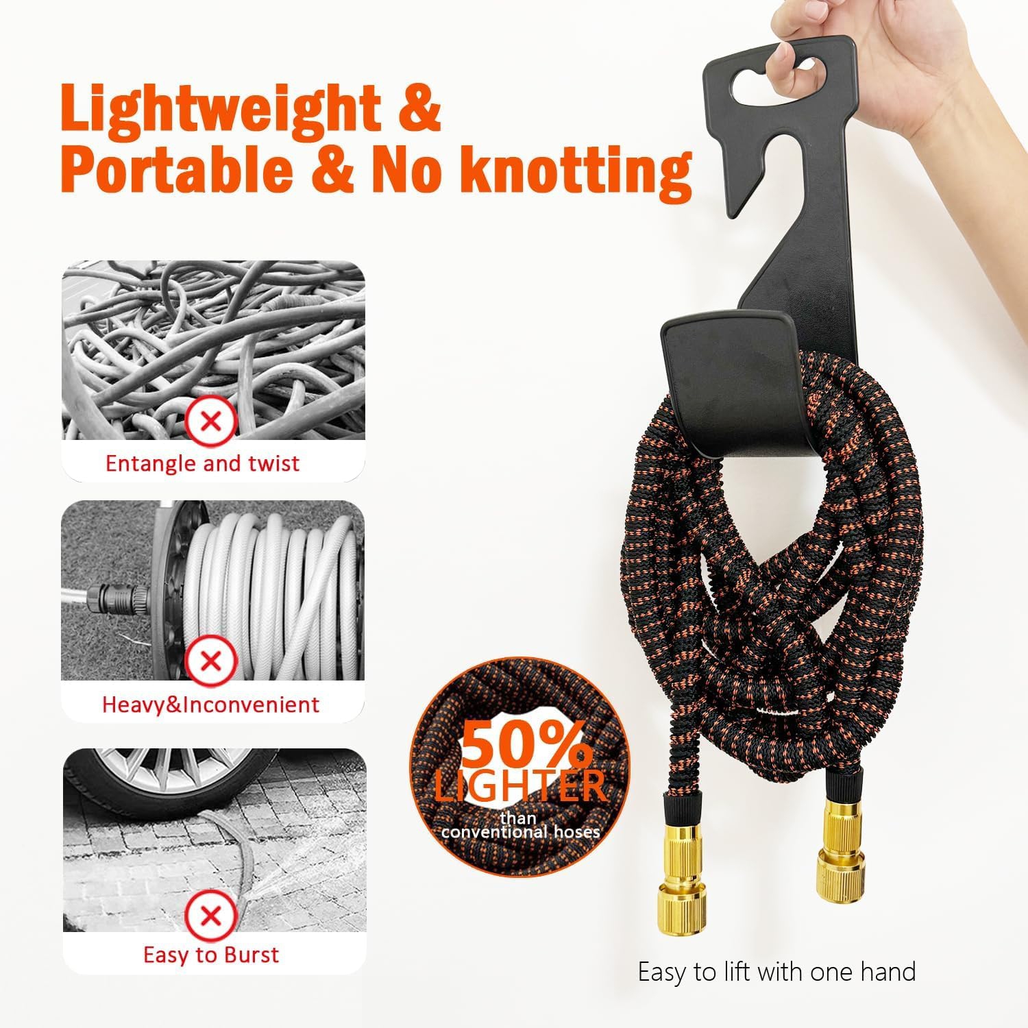 50FT Expandable Garden Hose, Flexible Expandable Garden Hose with 10 Functions Spray Nozzle, with 3/4" 1/2" Connectors, Durable Latex Water Pipe