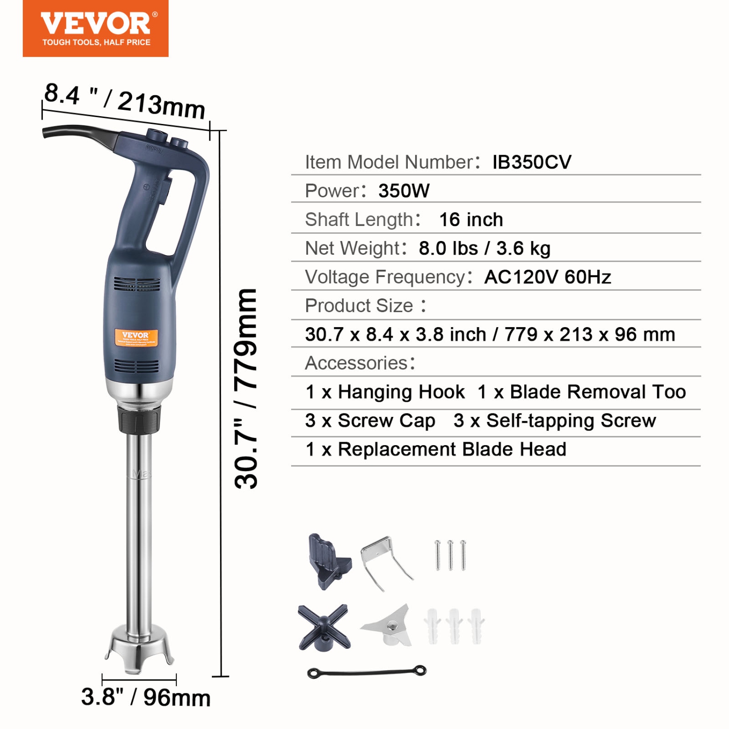 VEVOR 350W Commercial Immersion Blender, Heavy Duty Hand Mixer, 16 inch Stepless Variable Speed Mixer with Stainless Steel Blade, Multi-Purpose