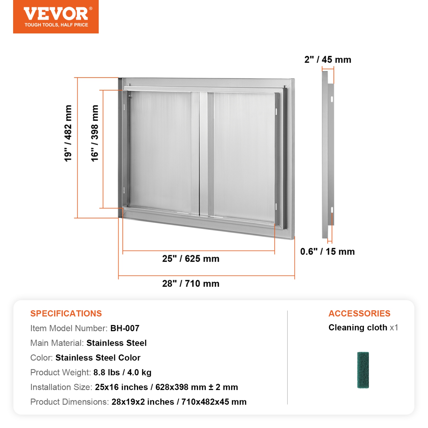 VEVOR 28W x 19H Inch BBQ Access Door, Double Outdoor Kitchen Door, Stainless Steel Flush Mount Door, Wall Vertical Door with Recessed Handles , for