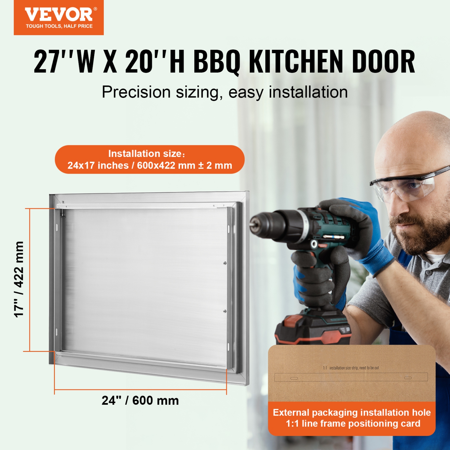VEVOR 27W x 20H Inch BBQ Access Door, Single Outdoor Kitchen Door, Stainless Steel Flush Mount Door, Wall Vertical Door with Handle, for BBQ