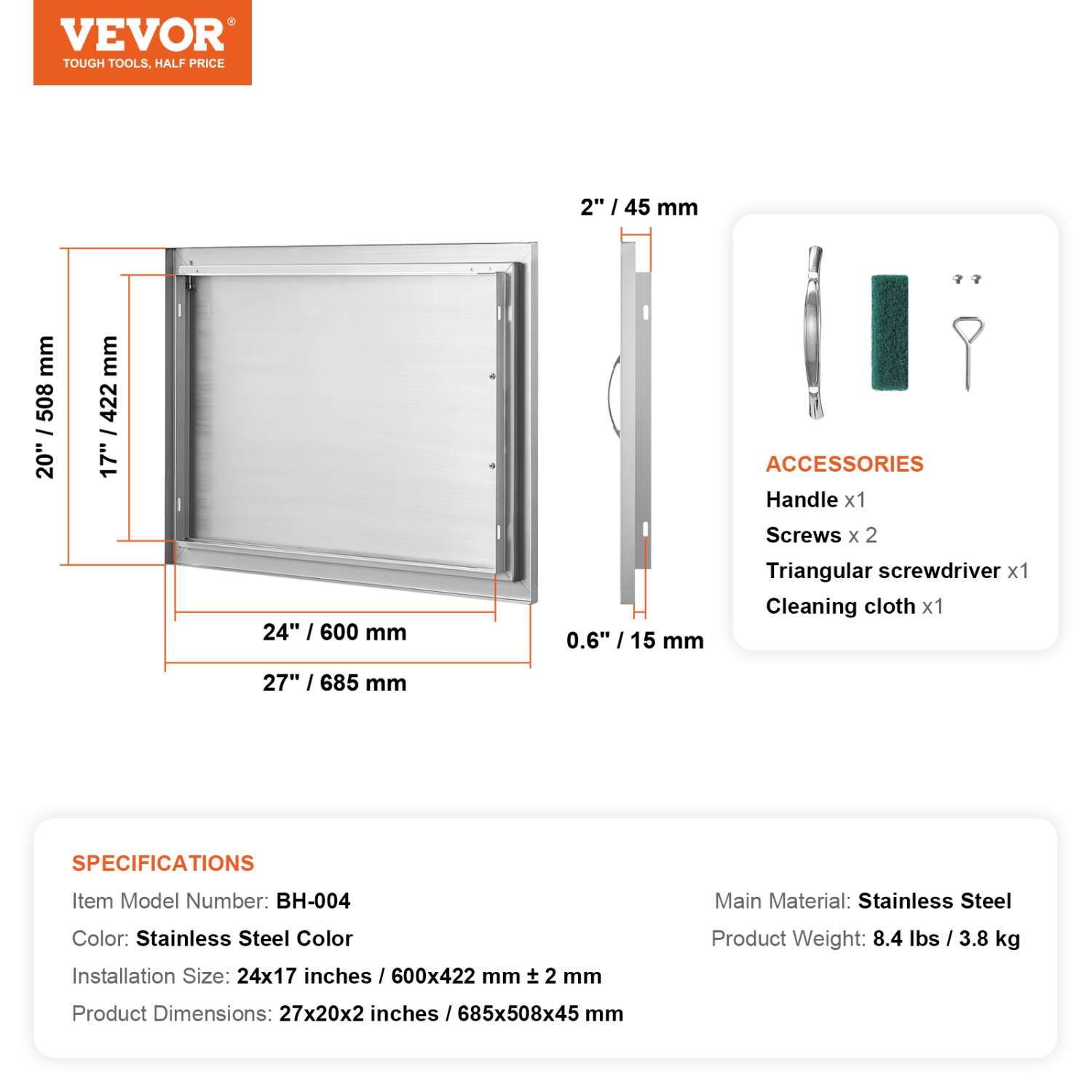 VEVOR 27W x 20H Inch BBQ Access Door, Single Outdoor Kitchen Door, Stainless Steel Flush Mount Door, Wall Vertical Door with Handle, for BBQ