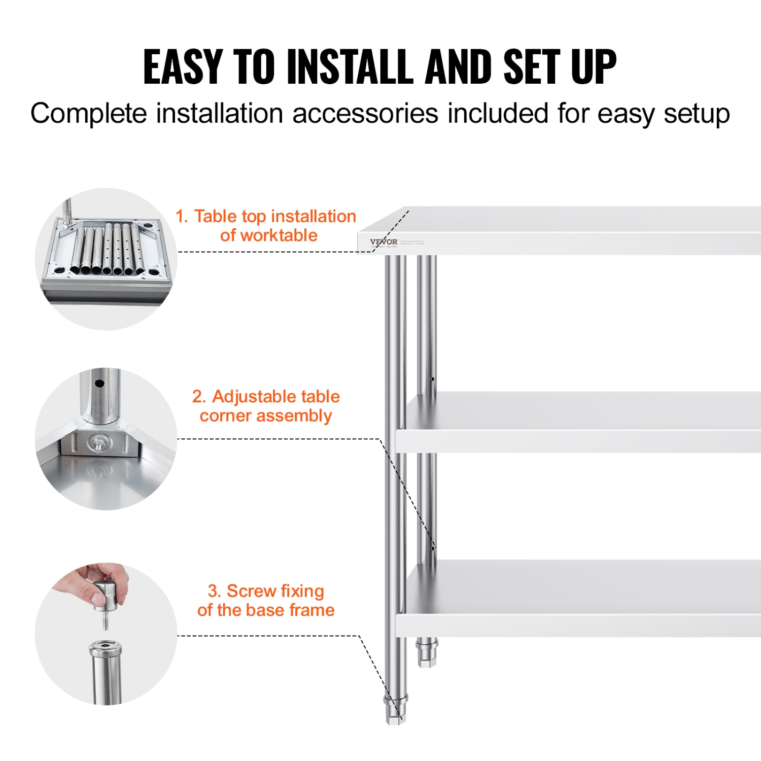 VEVOR 14 x 60 x 34 Inch Stainless Steel Food Prep Table, Commercial Kitchen Worktable, with 2 Adjustable Undershelf, Heavy Duty Prep Table Metal Work