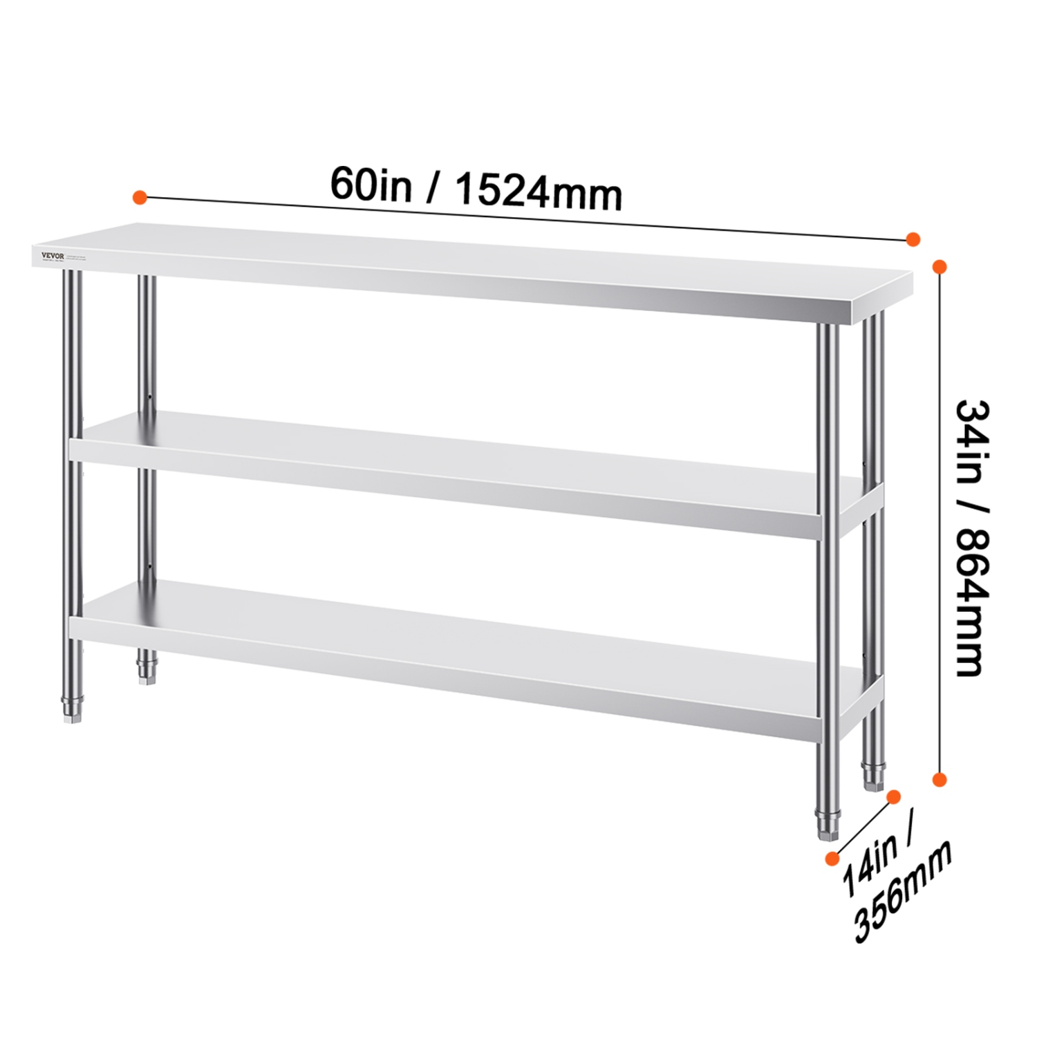 VEVOR 14 x 60 x 34 Inch Stainless Steel Food Prep Table, Commercial Kitchen Worktable, with 2 Adjustable Undershelf, Heavy Duty Prep Table Metal Work