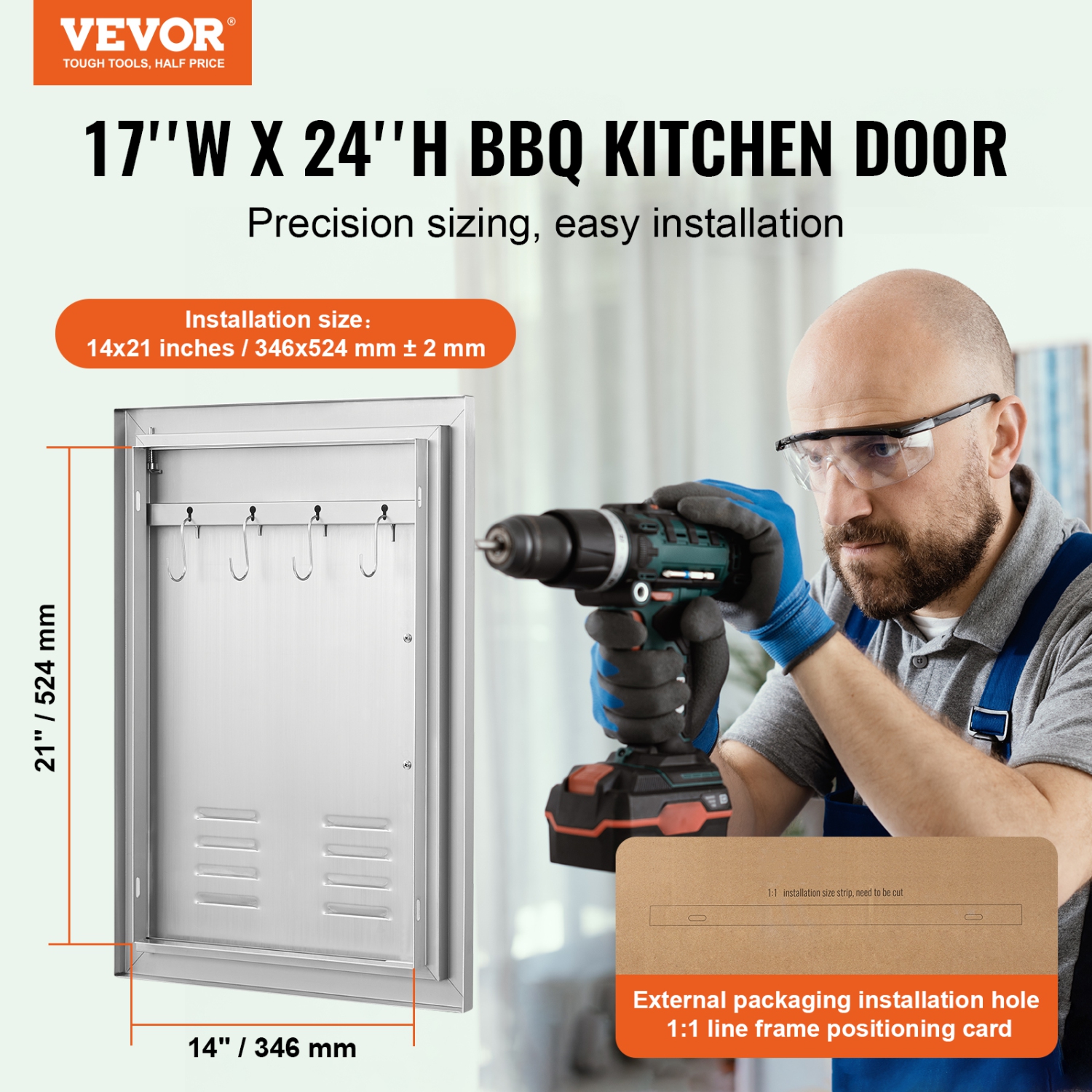 VEVOR 17W x 24H Inch BBQ Access Door, Single Outdoor Kitchen Door, Stainless Steel Flush Mount Door, Wall Vertical Door with Handle, Vents and Hook,