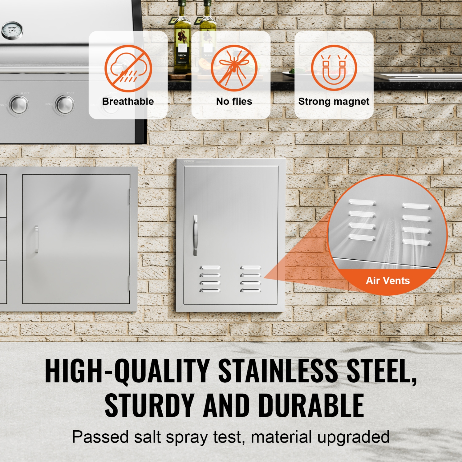 VEVOR 17W x 24H Inch BBQ Access Door, Single Outdoor Kitchen Door, Stainless Steel Flush Mount Door, Wall Vertical Door with Handle, Vents and Hook,
