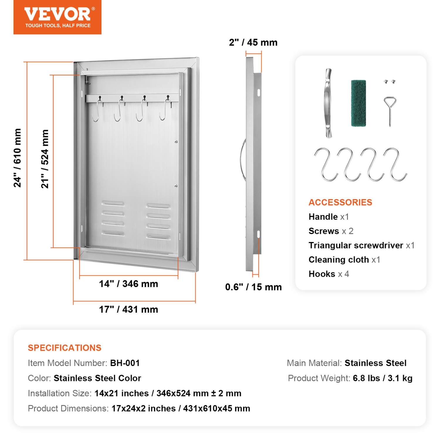 VEVOR 17W x 24H Inch BBQ Access Door, Single Outdoor Kitchen Door, Stainless Steel Flush Mount Door, Wall Vertical Door with Handle, Vents and Hook,