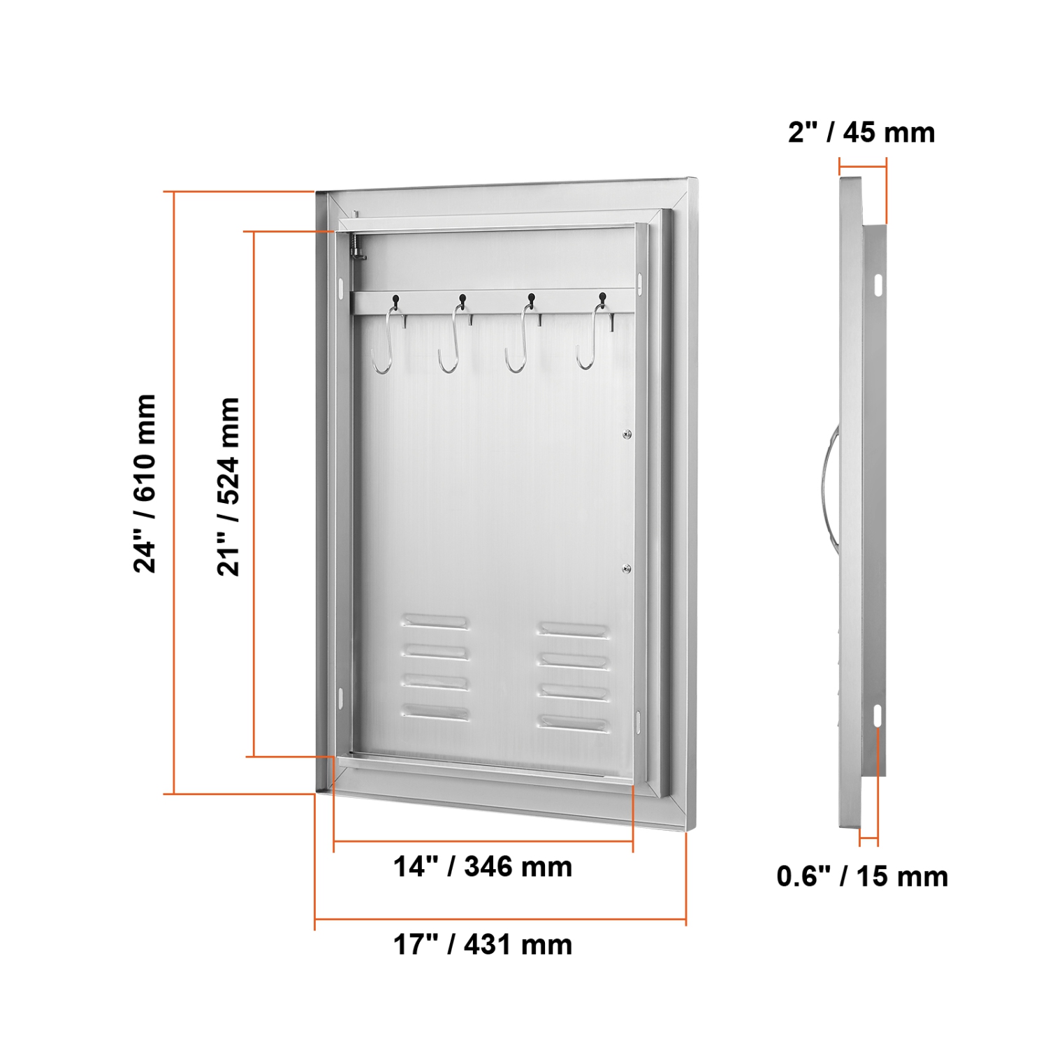 VEVOR 17W x 24H Inch BBQ Access Door, Single Outdoor Kitchen Door, Stainless Steel Flush Mount Door, Wall Vertical Door with Handle, Vents and Hook,