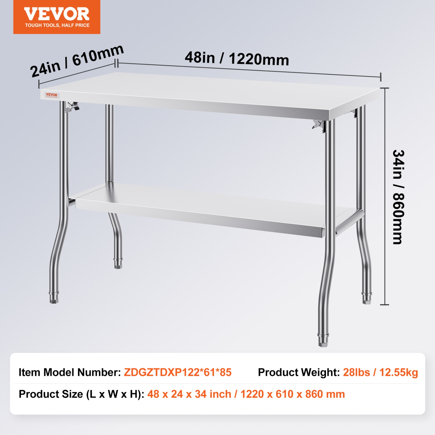 VEVOR 48 x 24 Inch Folding Commercial Prep Table, Commercial Worktable Workstation with Undershelf, Heavy-duty Stainless Steel Folding Table with 300