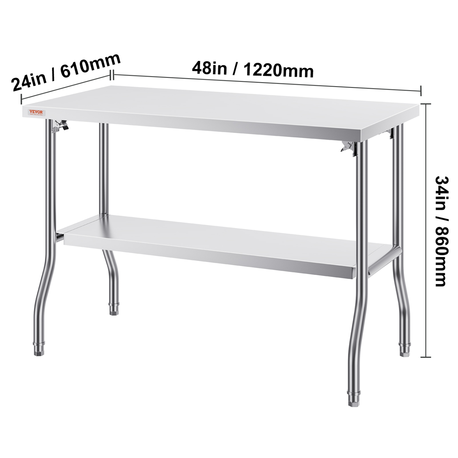 VEVOR 48 x 24 Inch Folding Commercial Prep Table, Commercial Worktable Workstation with Undershelf, Heavy-duty Stainless Steel Folding Table with 300