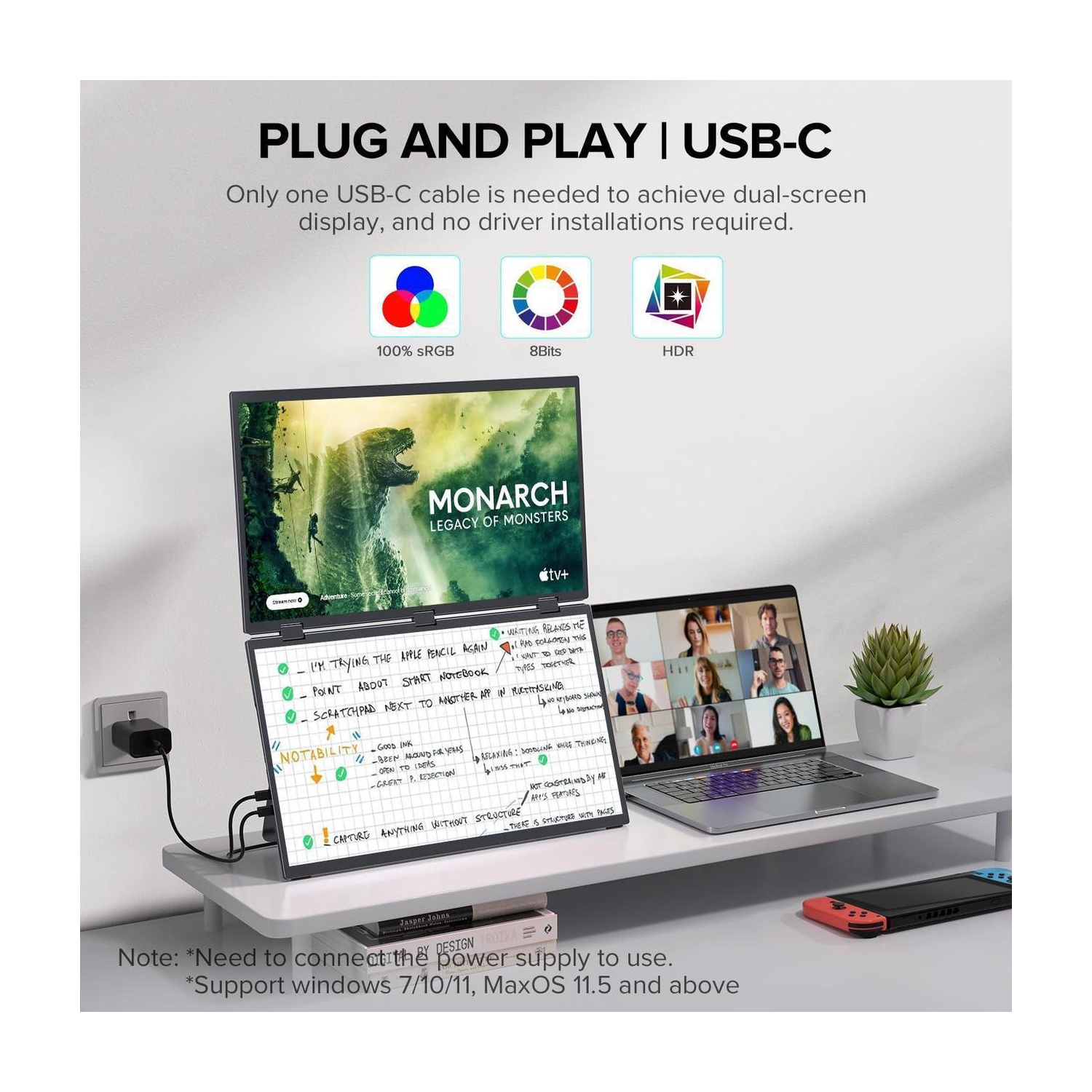 UPERFECT Delta 15.6" Dual Monitor Portable Screen Extender for Laptop, 1080P HDR, 360° Folding, Triple Monitor with Stand - No Driver Needed