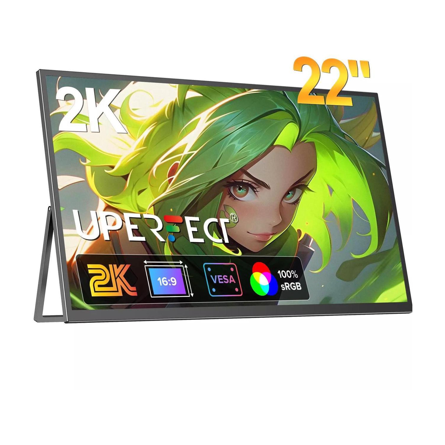 UPERFECT 22" Portable Monitor 2560*1440 2K QHD LCD Game Display IPS Panel USB C HDMI Computer Screen with VESA