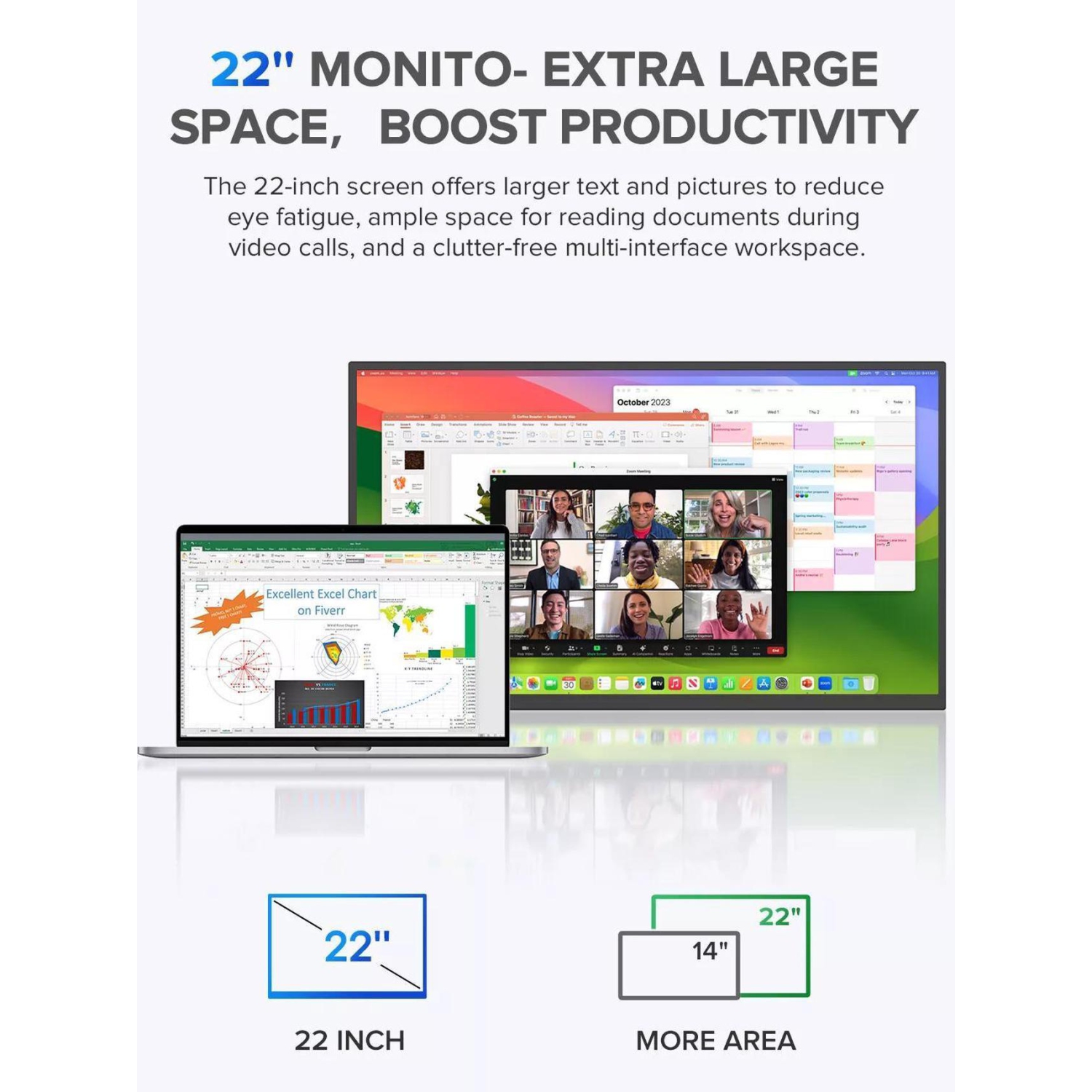 UPERFECT 22" Portable Monitor 2560*1440 2K QHD LCD Game Display IPS Panel USB C HDMI Computer Screen with VESA