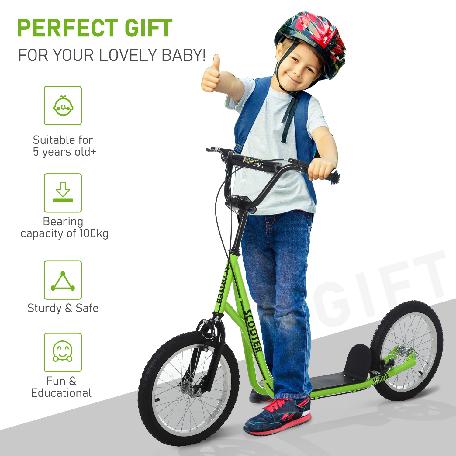 Trottinette pour adolescents Youth Scooter Street Kick d'Aosom, jouet porteur pour enfants avec roue gonflable de 16&nbsp;po, deux freins verts pour