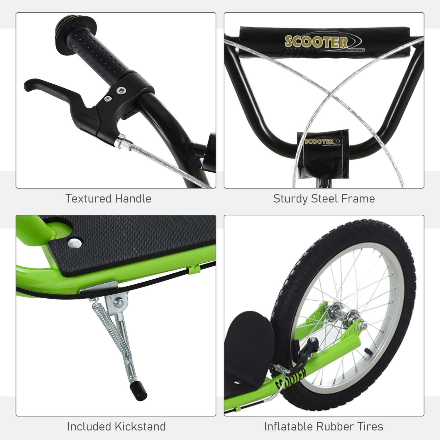Trottinette pour adolescents Youth Scooter Street Kick d'Aosom, jouet porteur pour enfants avec roue gonflable de 16&nbsp;po, deux freins verts pour