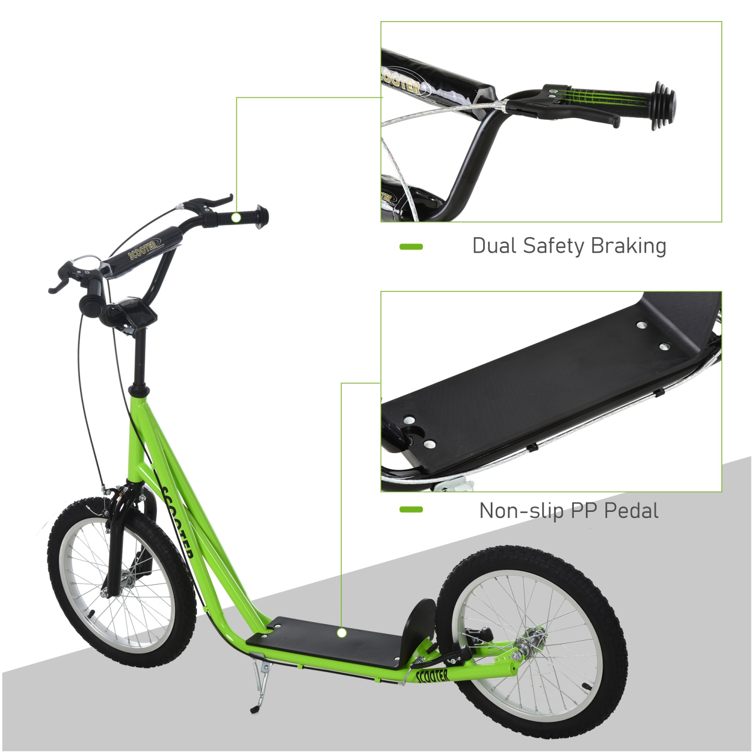 Trottinette pour adolescents Youth Scooter Street Kick d'Aosom, jouet porteur pour enfants avec roue gonflable de 16&nbsp;po, deux freins verts pour