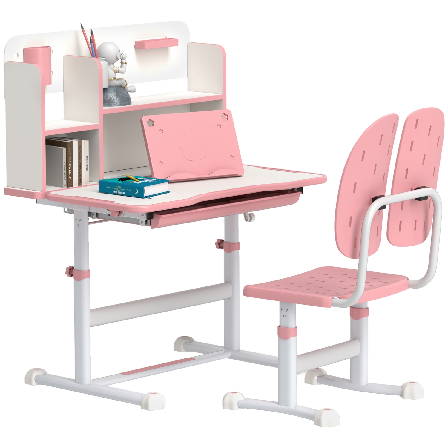 Qaba Kids Desk and Chair Set, Adjustable Height Kids Study Table and Chair with Tilt Desktop, Drawer, Reading Rack, Pen Holder, Square Slot, for Ages