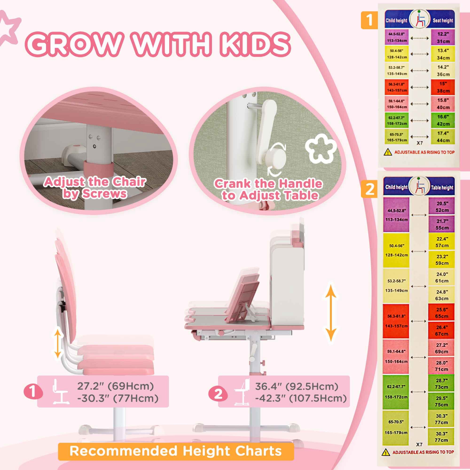 Qaba Kids Desk and Chair Set, Adjustable Height Kids Study Table and Chair with Tilt Desktop, Drawer, Reading Rack, Pen Holder, Square Slot, for Ages