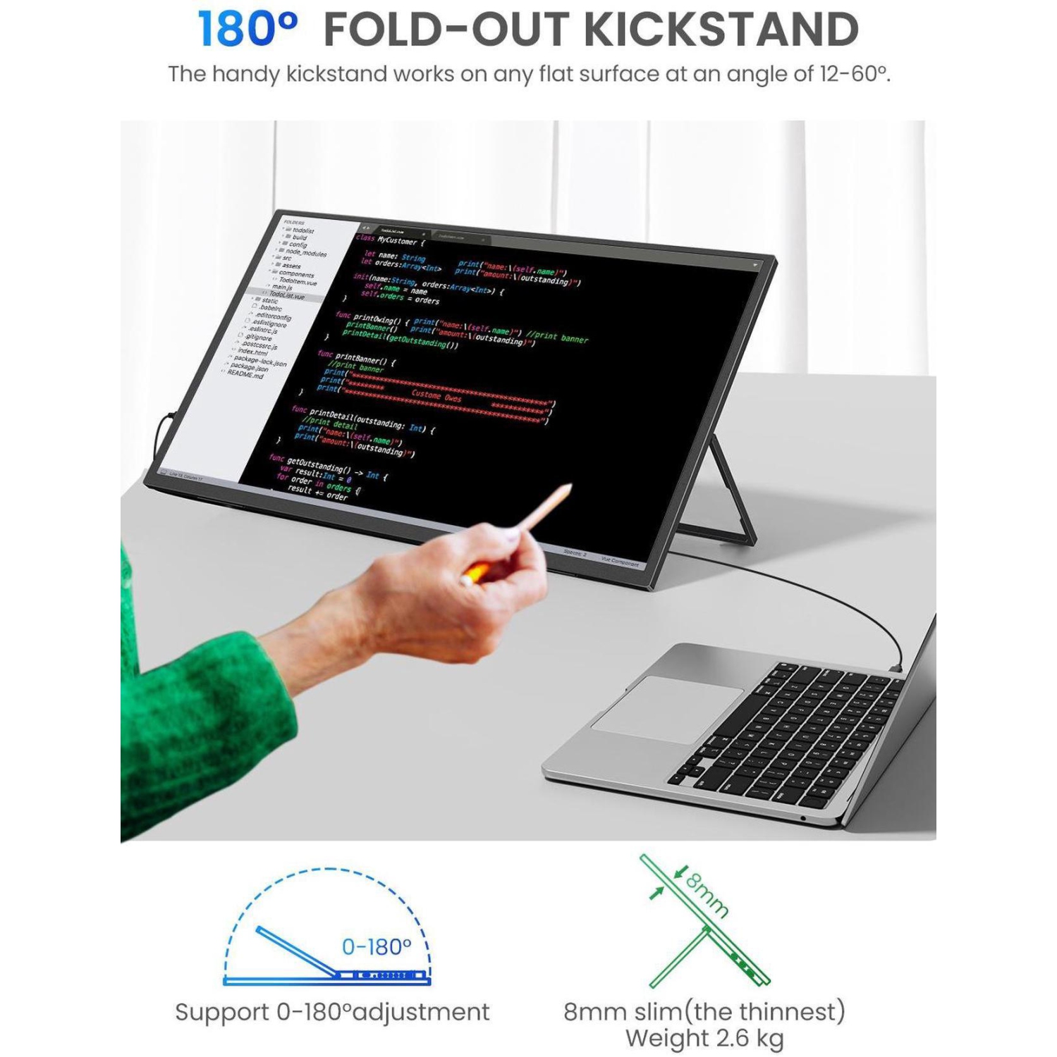 Moniteur portatif 165&nbsp;Hz 24 5K 2&nbsp;po UPERFECT, FreeSync IPS HDR QHD avec VESA, support réglable à 180°, USB-C et HDMI, idéal pour le jeu,