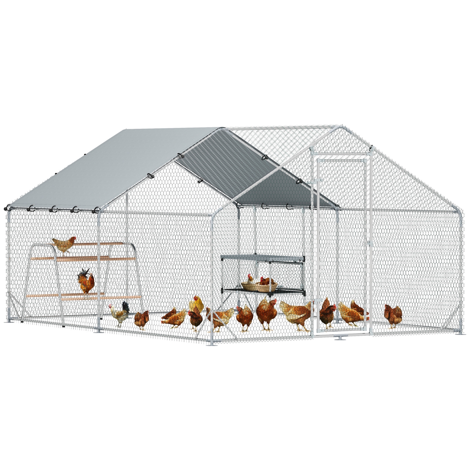 PawHut Chicken Run, Large Metal Chicken Coop with Nesting Box, Waterproof & UV-Resistant Cover, Roosting Bars, Poultry Cage for Outdoor, Backyard,