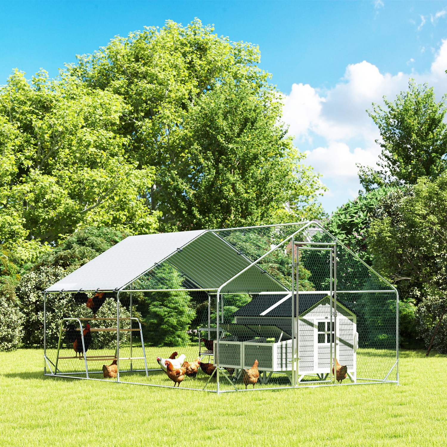 PawHut Chicken Run, Large Metal Chicken Coop with Nesting Box, Waterproof & UV-Resistant Cover, Roosting Bars, Poultry Cage for Outdoor, Backyard,