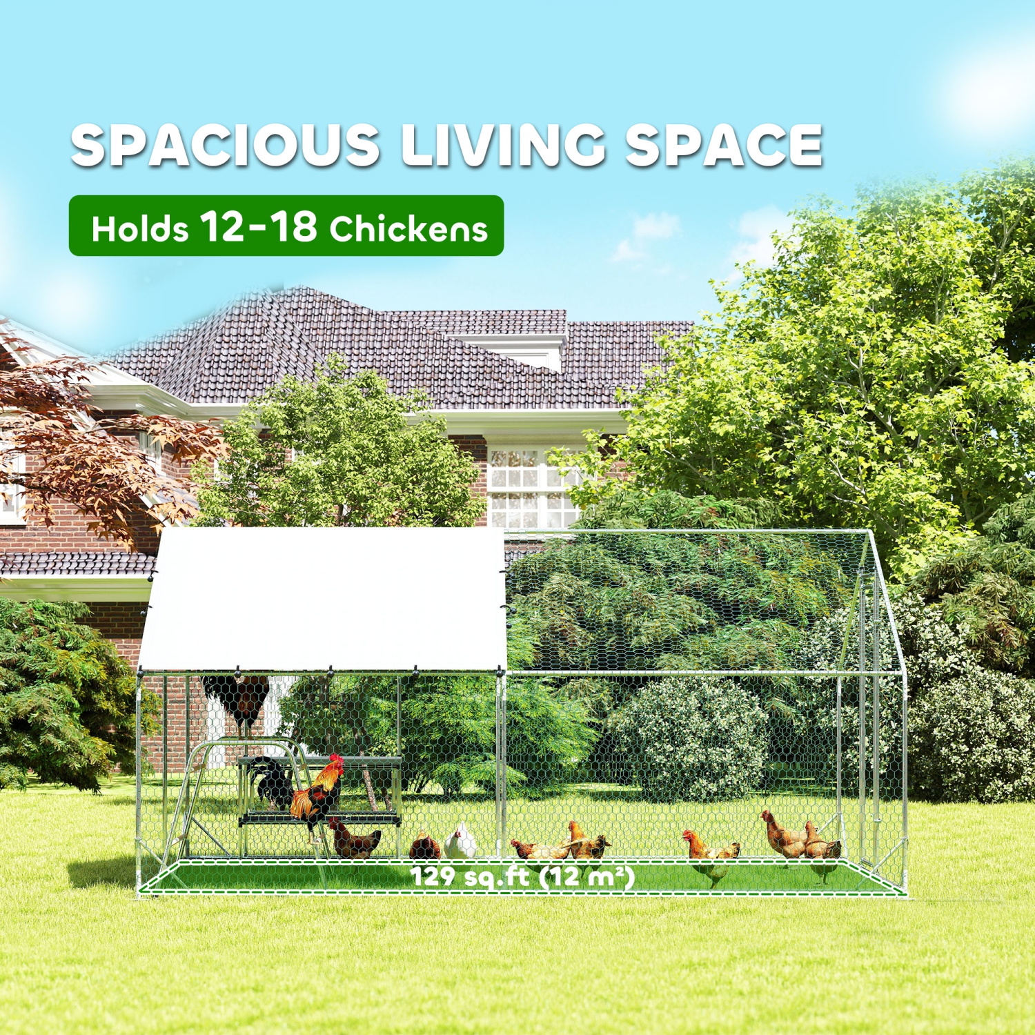 PawHut Chicken Run, Large Metal Chicken Coop with Nesting Box, Waterproof & UV-Resistant Cover, Roosting Bars, Poultry Cage for Outdoor, Backyard,