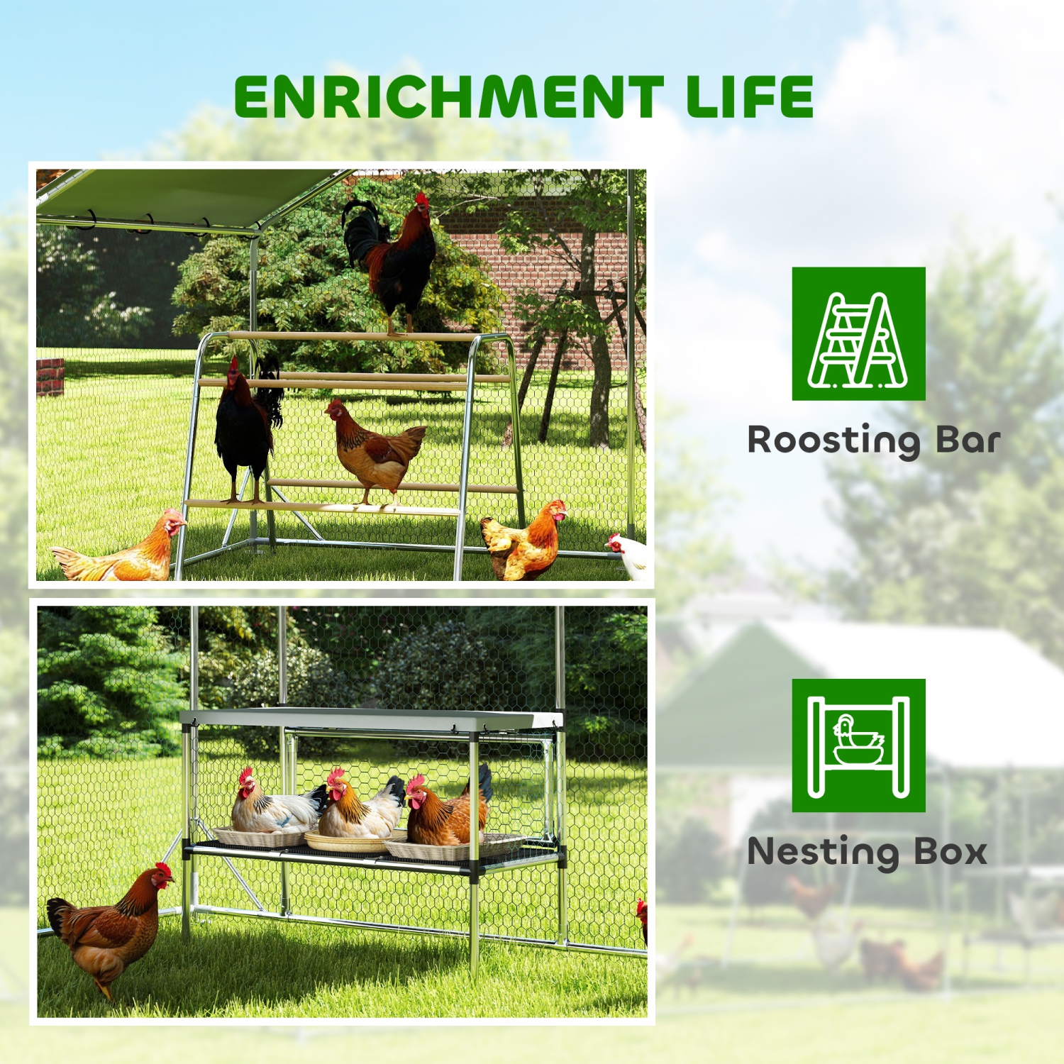 PawHut Chicken Run, Large Metal Chicken Coop with Nesting Box, Waterproof & UV-Resistant Cover, Roosting Bars, Poultry Cage for Outdoor, Backyard,