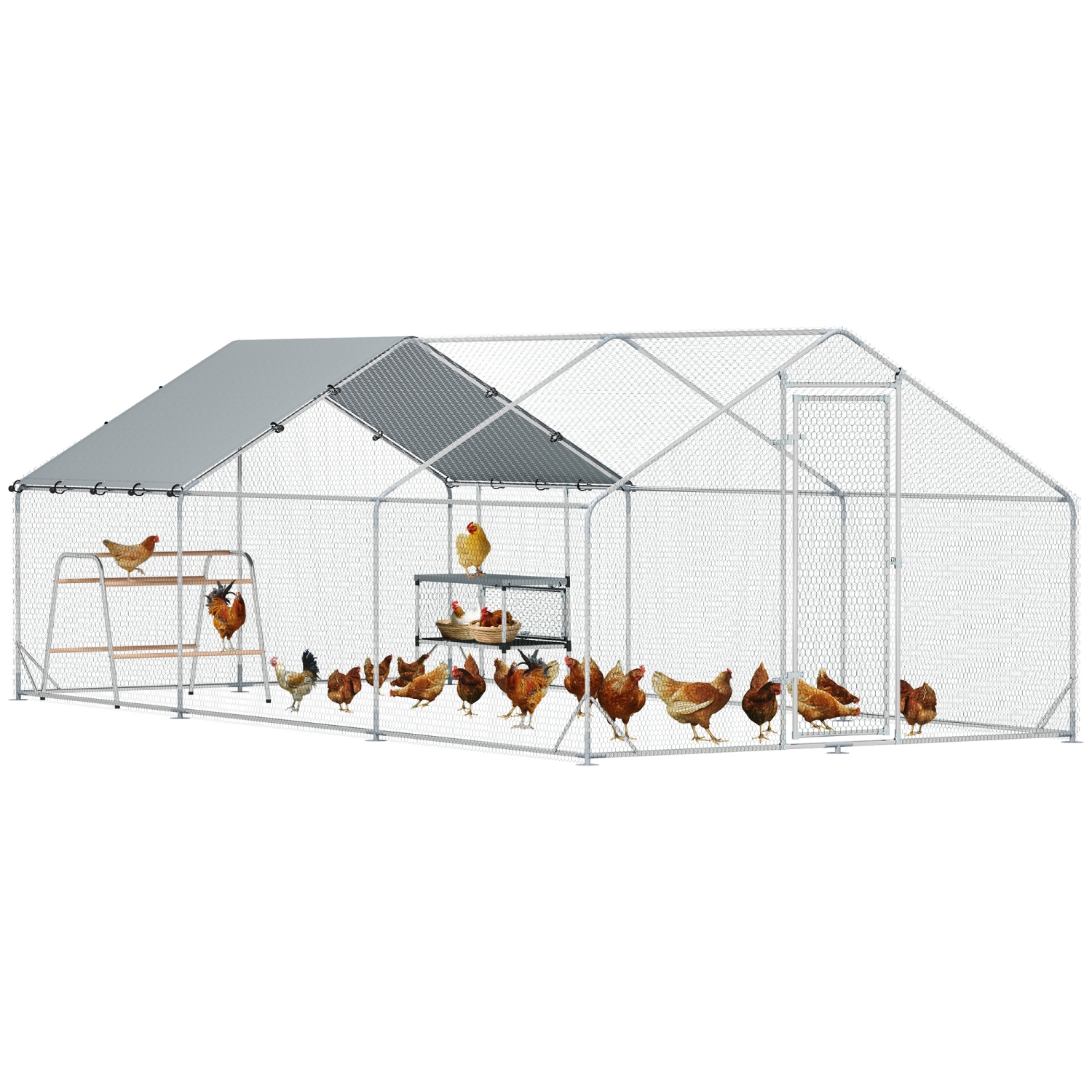 PawHut Chicken Run, Large Metal Chicken Coop with Nesting Box, Waterproof & UV-Resistant Cover, Roosting Bars, Poultry Cage for Outdoor, Backyard,