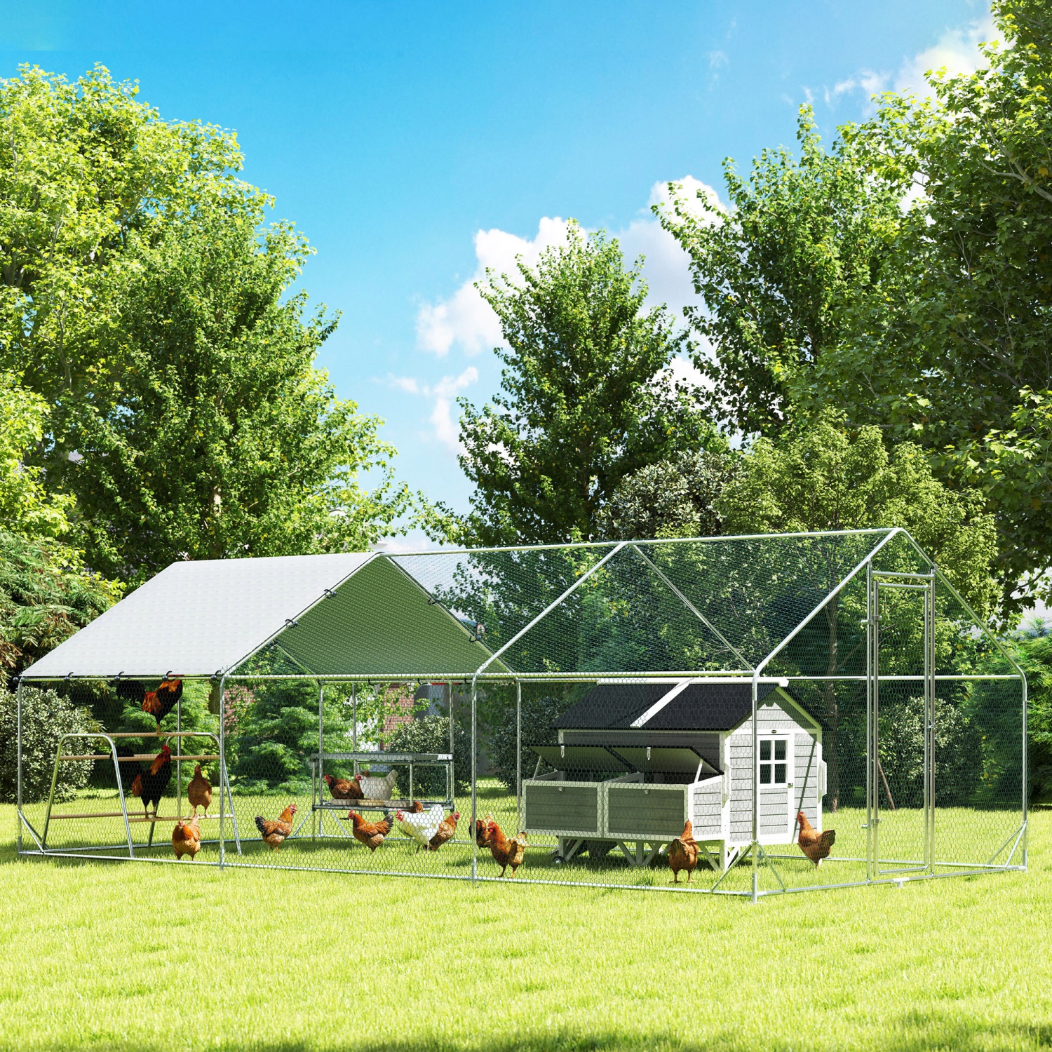 PawHut Chicken Run, Large Metal Chicken Coop with Nesting Box, Waterproof & UV-Resistant Cover, Roosting Bars, Poultry Cage for Outdoor, Backyard,