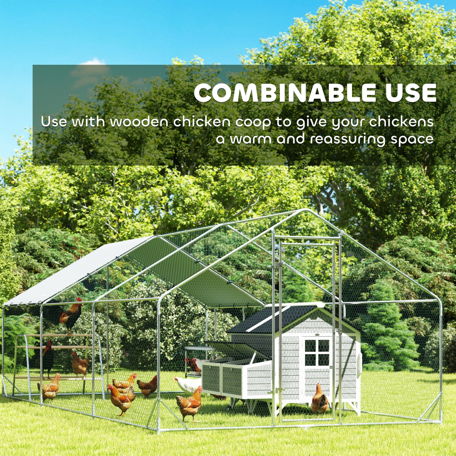 PawHut Chicken Run, Large Metal Chicken Coop with Nesting Box, Waterproof & UV-Resistant Cover, Roosting Bars, Poultry Cage for Outdoor, Backyard,