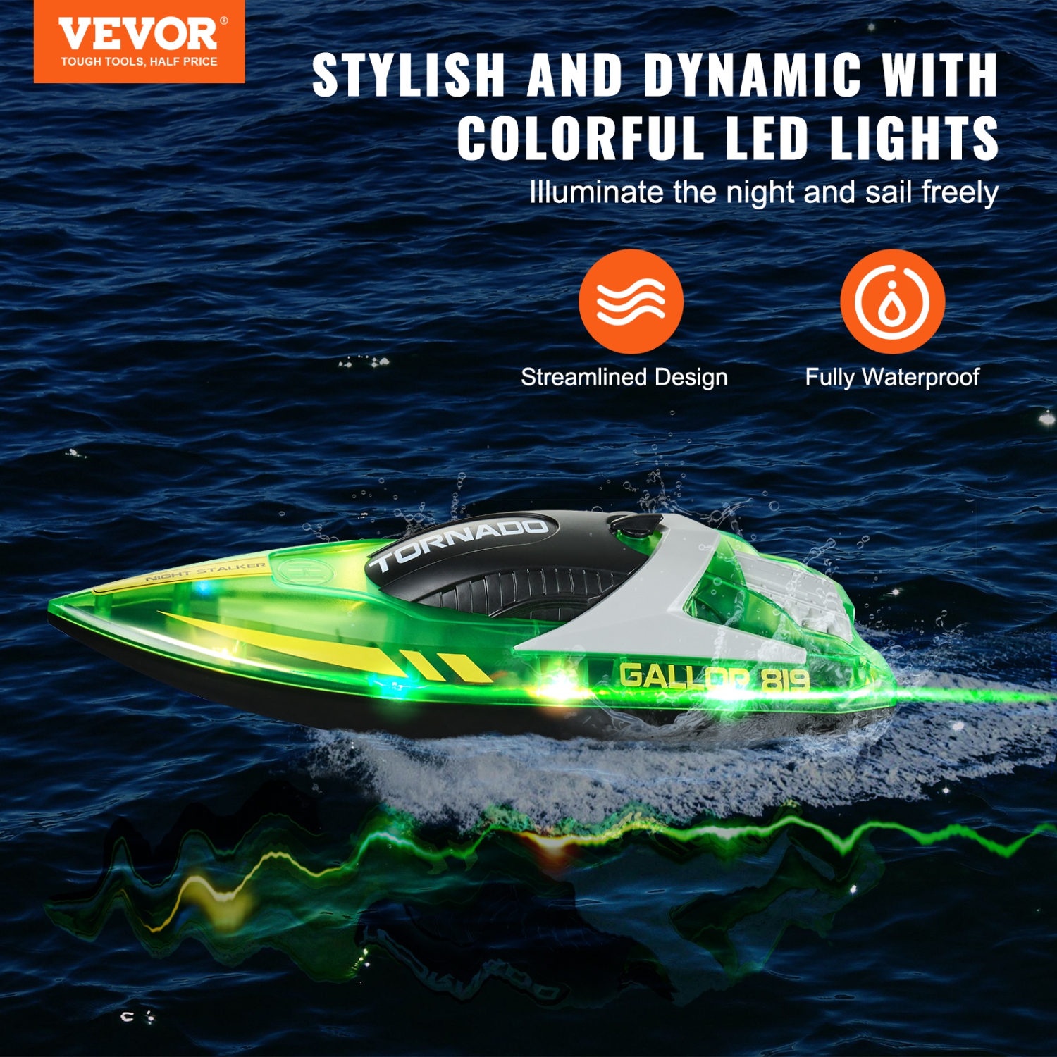 VEVOR 2.4GHz 12 km/h RC Boat,Remote Control Boat for Pools & Lakes, Racing Boat with LED Light, 2 Rechargeable Batteries, Whole Body Waterproof,