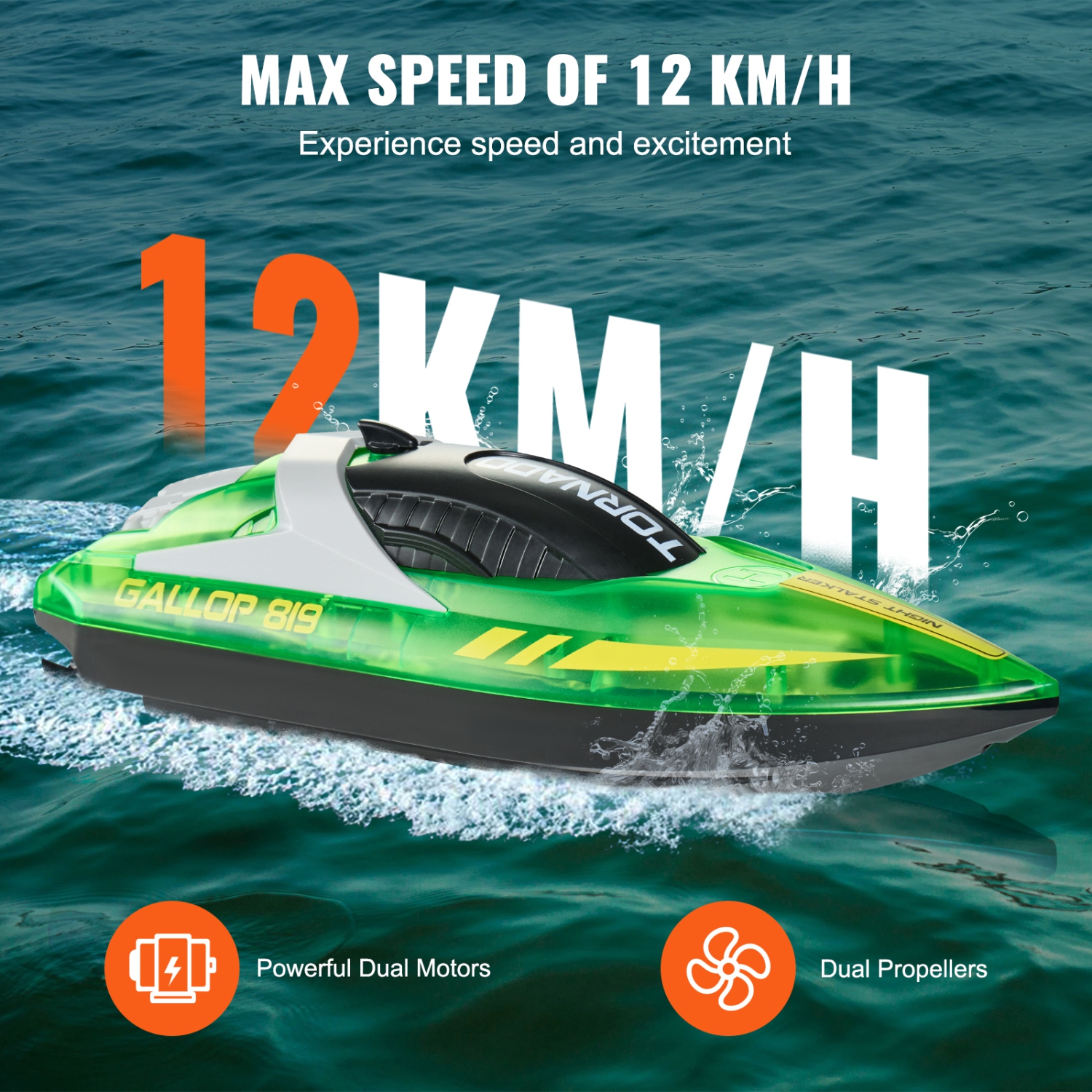 VEVOR 2.4GHz 12 km/h RC Boat,Remote Control Boat for Pools & Lakes, Racing Boat with LED Light, 2 Rechargeable Batteries, Whole Body Waterproof,