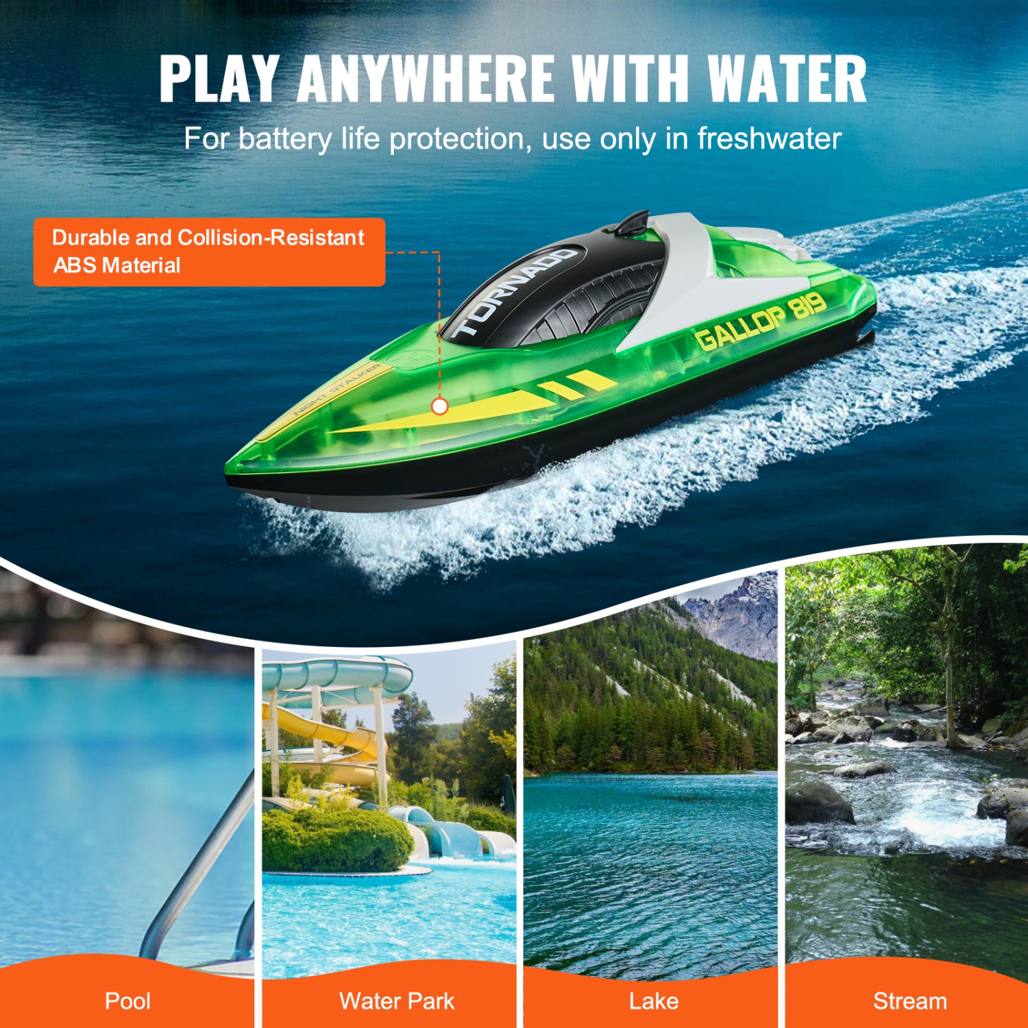 VEVOR 2.4GHz 12 km/h RC Boat,Remote Control Boat for Pools & Lakes, Racing Boat with LED Light, 2 Rechargeable Batteries, Whole Body Waterproof,