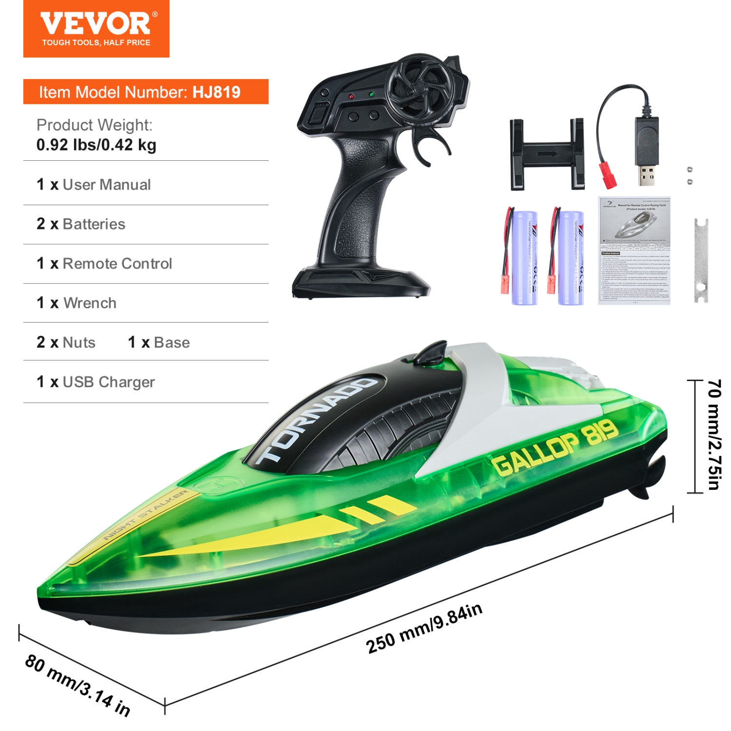 VEVOR 2.4GHz 12 km/h RC Boat,Remote Control Boat for Pools & Lakes, Racing Boat with LED Light, 2 Rechargeable Batteries, Whole Body Waterproof,